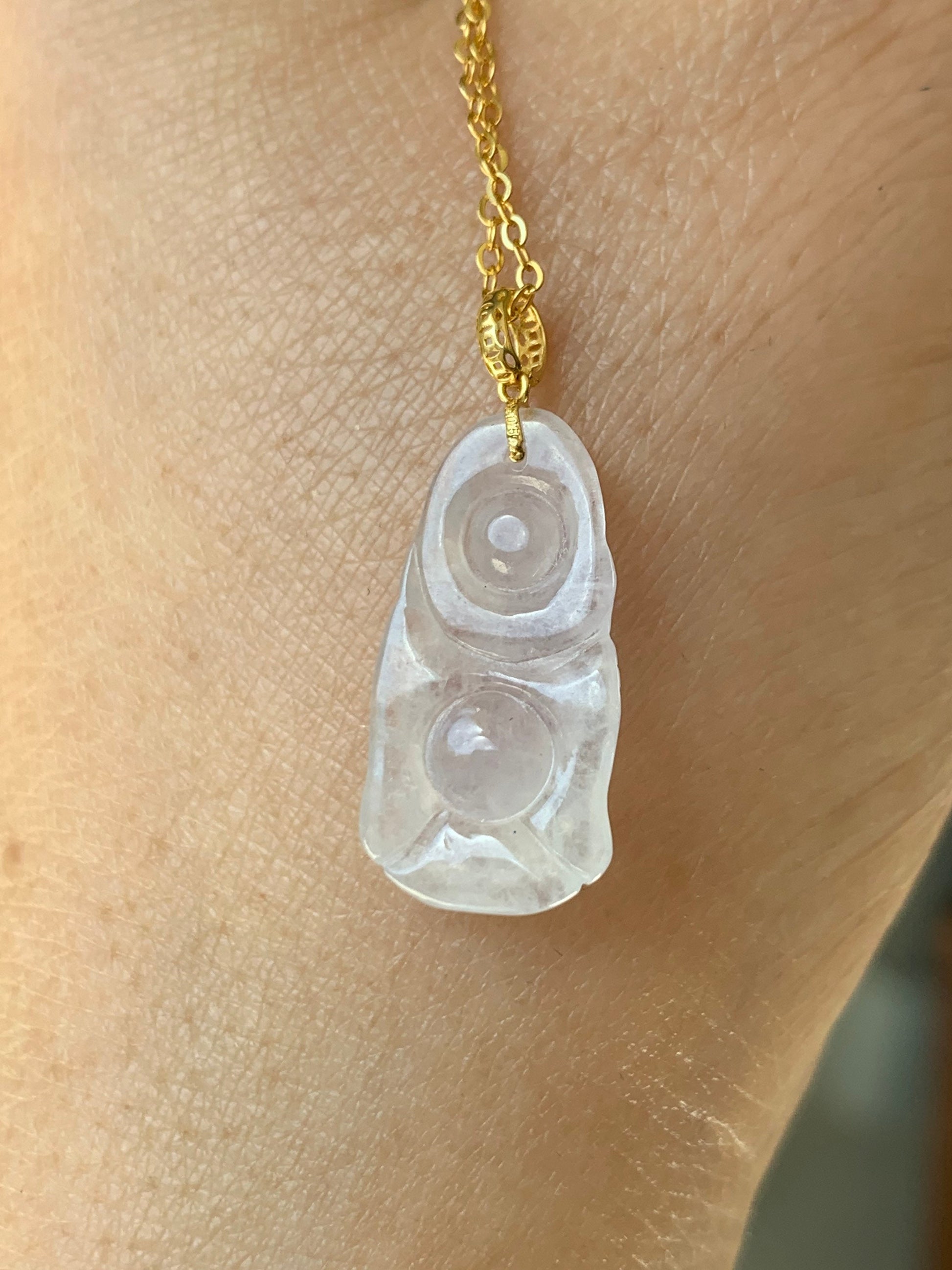 Natural Burmese Premium Transparent Icy Jadeite Light Pink Undertone Buddha Petite Pendant 18K Yellow Gold 天然缅甸老种正高冰起光冰粉底翡翠站佛镶嵌吊坠