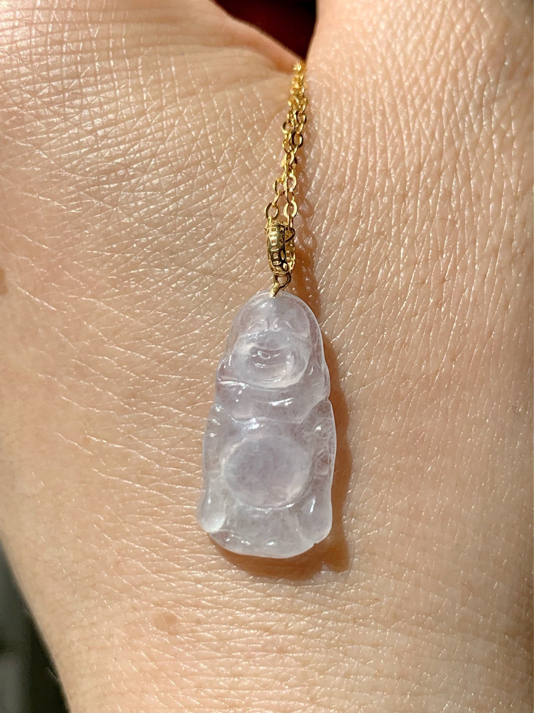 Natural Burmese Premium Transparent Icy Jadeite Light Pink Undertone Buddha Petite Pendant 18K Yellow Gold 天然缅甸老种正高冰起光冰粉底翡翠站佛镶嵌吊坠