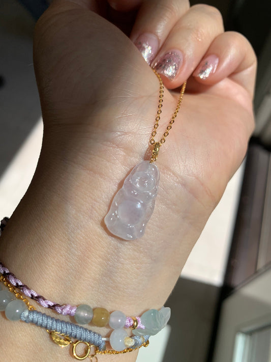 Natural Burmese Premium Transparent Icy Jadeite Light Pink Undertone Buddha Petite Pendant 18K Yellow Gold 天然缅甸老种正高冰起光冰粉底翡翠站佛镶嵌吊坠