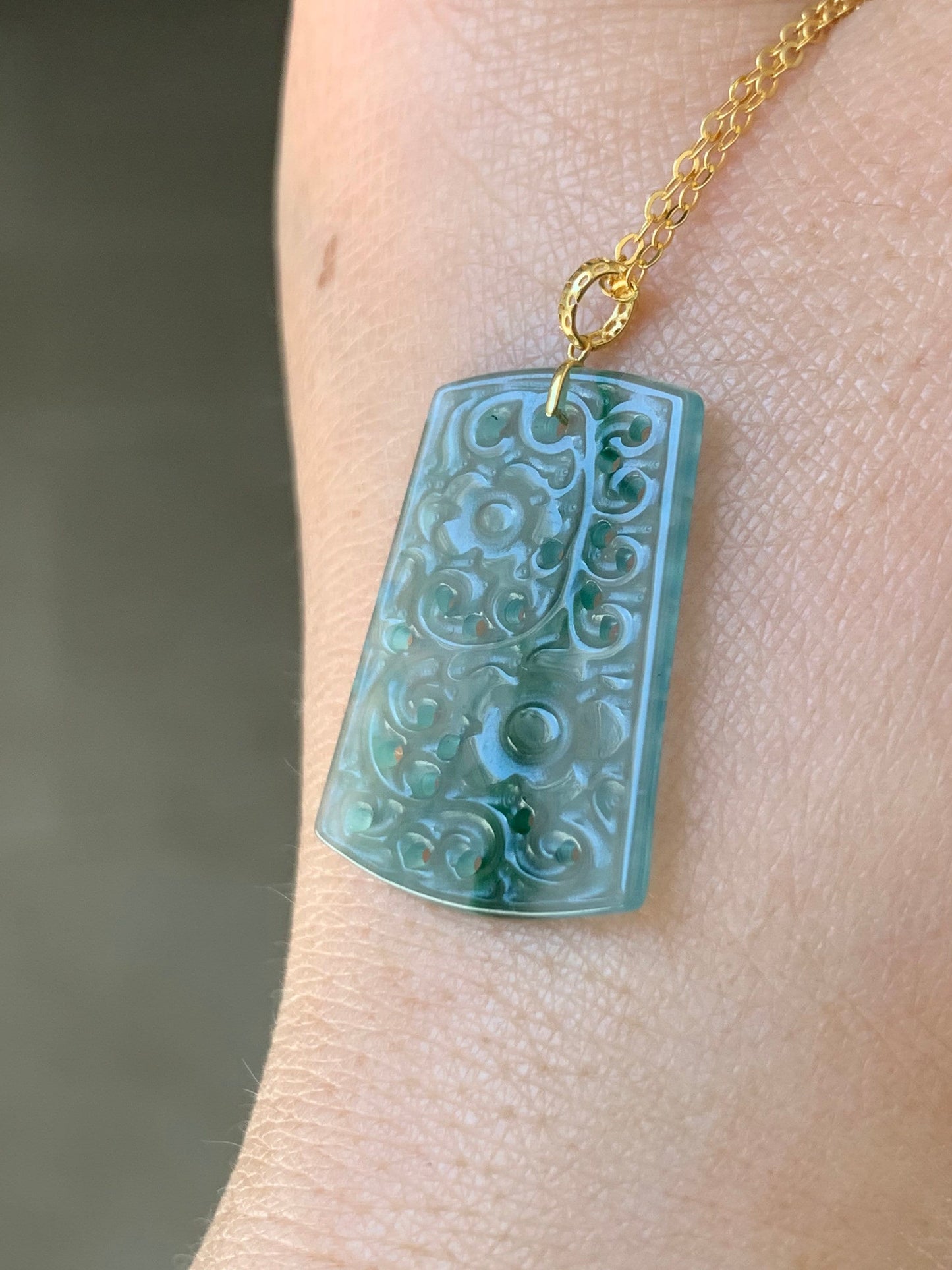 Guatemalan Natural Premium Translucent Light Blue & Green Jadeite Openwork Engraving Retro Design Pendant 18K Yellow Gold 天然高冰危蓝绿翡翠仿古雕镂空吊坠