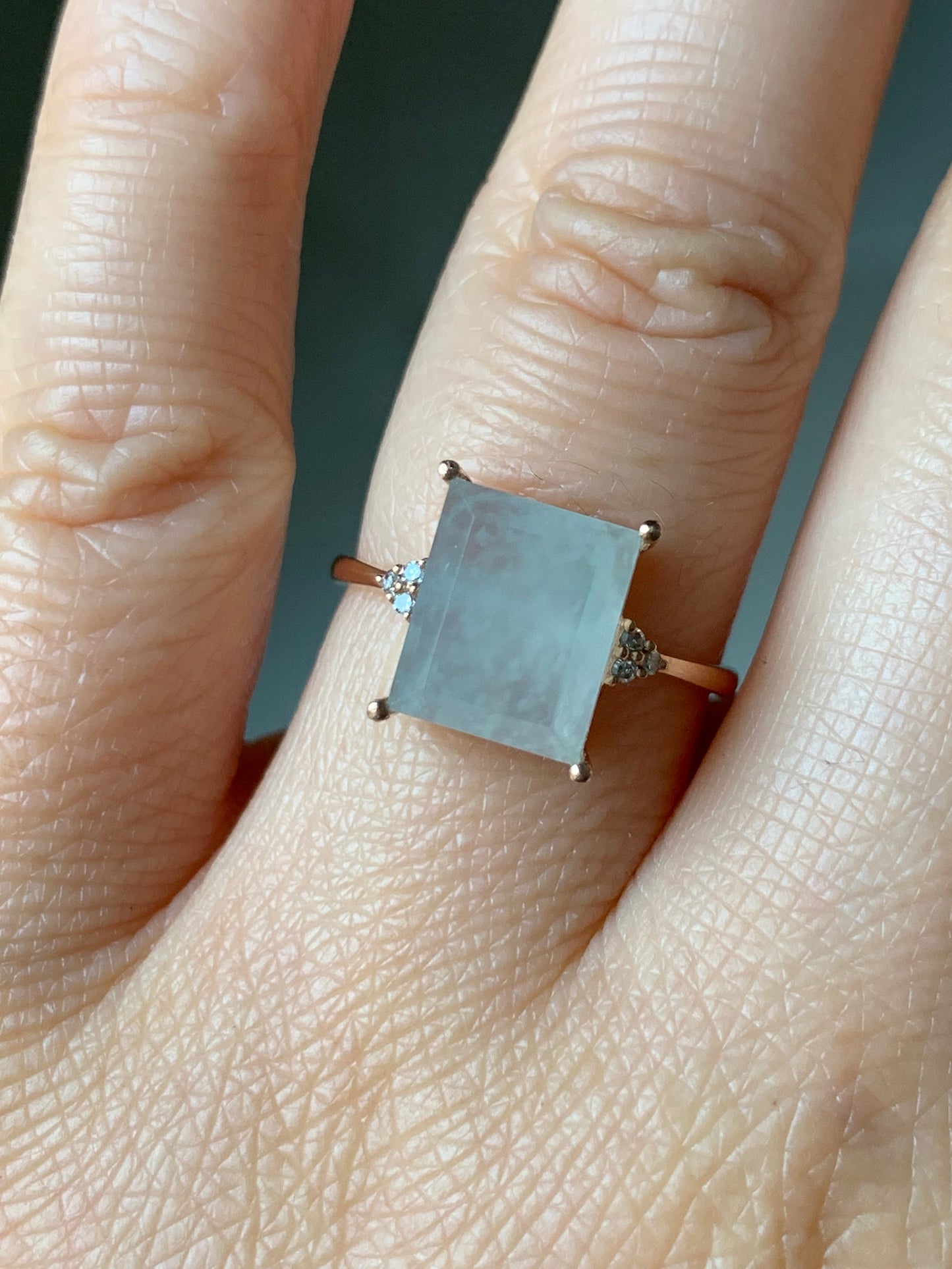 Certified Natural Burmese Premium Icy Translucent Light Green Emerald Cut Jadeite And Diamond Ring 18K Rose Gold Sz 7 天然缅甸正冰晴底雪花棉翡翠切割面钻石戒指