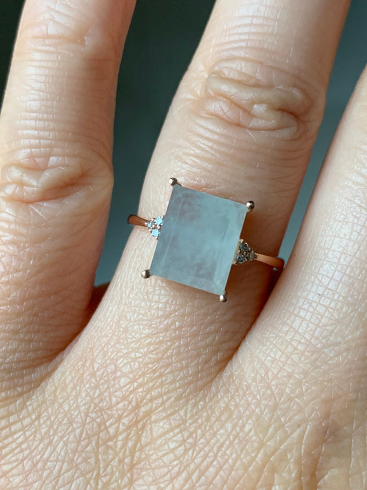Certified Natural Burmese Premium Icy Translucent Light Green Emerald Cut Jadeite And Diamond Ring 18K Rose Gold Sz 7 天然缅甸正冰晴底雪花棉翡翠切割面钻石戒指