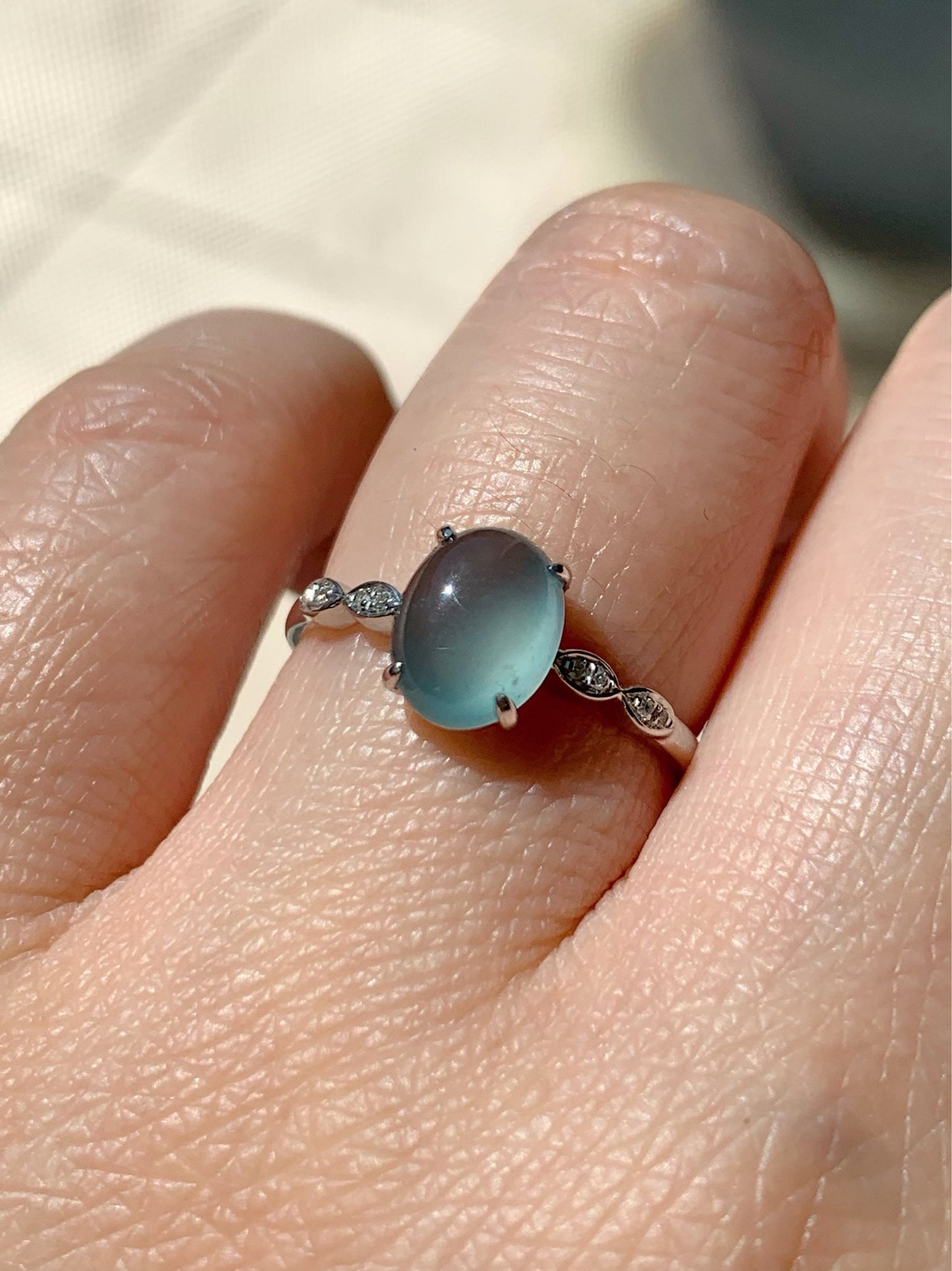 Certified Natural Guatemalan Premium Highly Translucent Blue Jadeite Ring with genuine Diamonds 18K White Gold Sz 7 天然危地马拉正高冰蓝水翡翠钻石镶嵌戒指