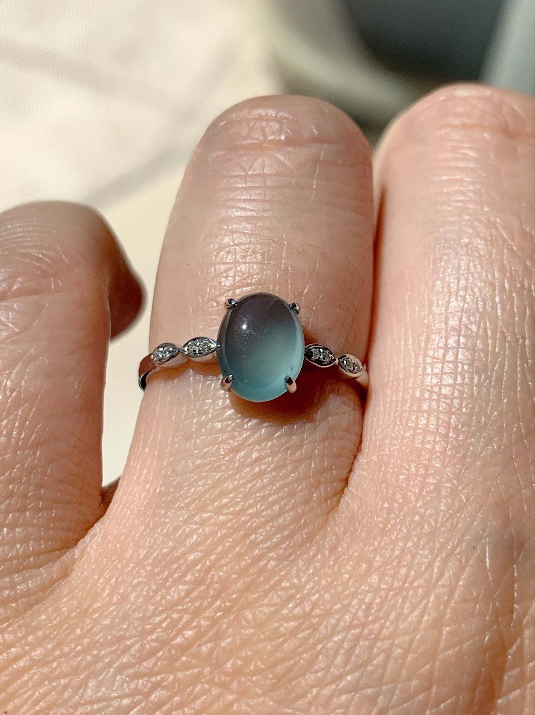 Certified Natural Guatemalan Premium Highly Translucent Blue Jadeite Ring with genuine Diamonds 18K White Gold Sz 7 天然危地马拉正高冰蓝水翡翠钻石镶嵌戒指