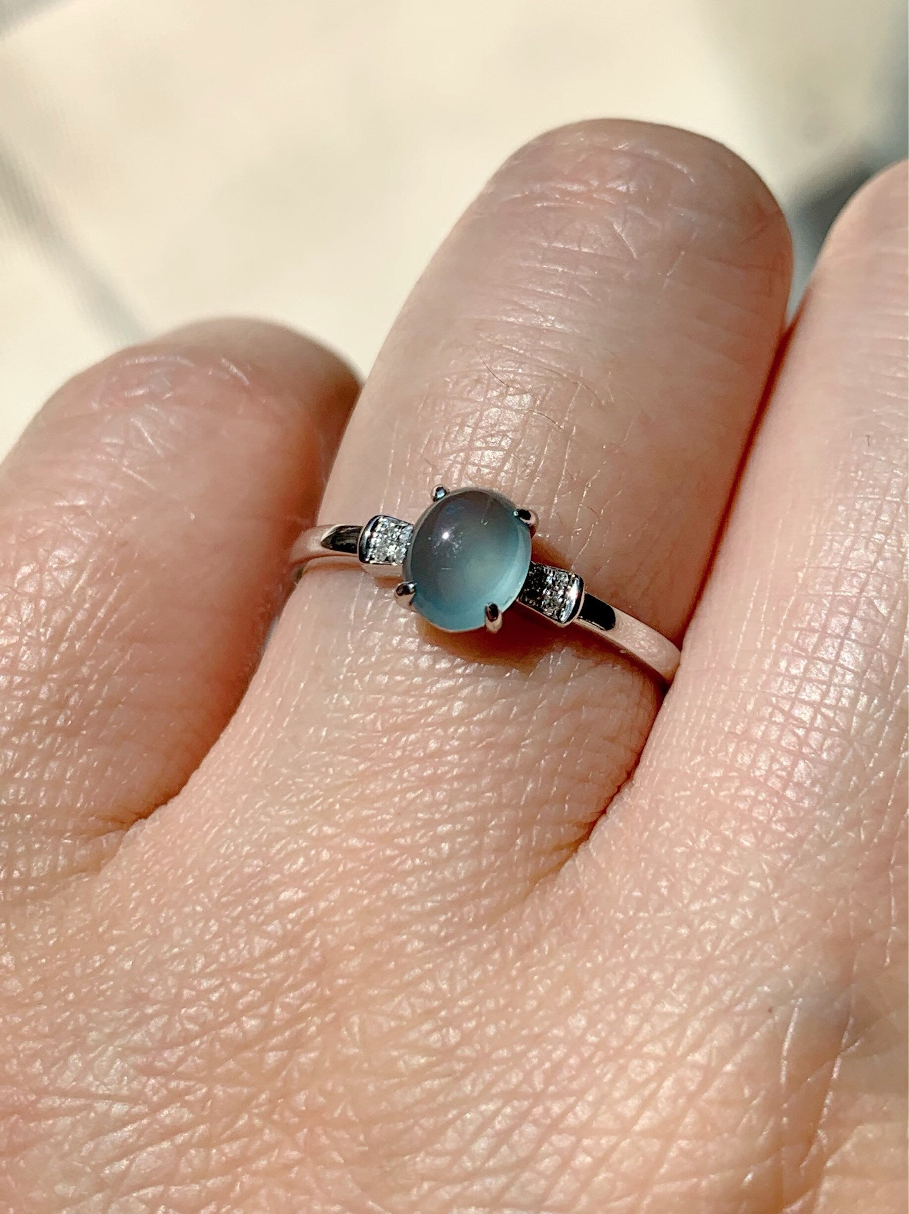Certified Natural Guatemalan Premium Highly Translucent Blue Jadeite Ring with genuine Diamonds 18K White Gold Sz 7 天然危地马拉正高冰蓝水翡翠钻石镶嵌戒指