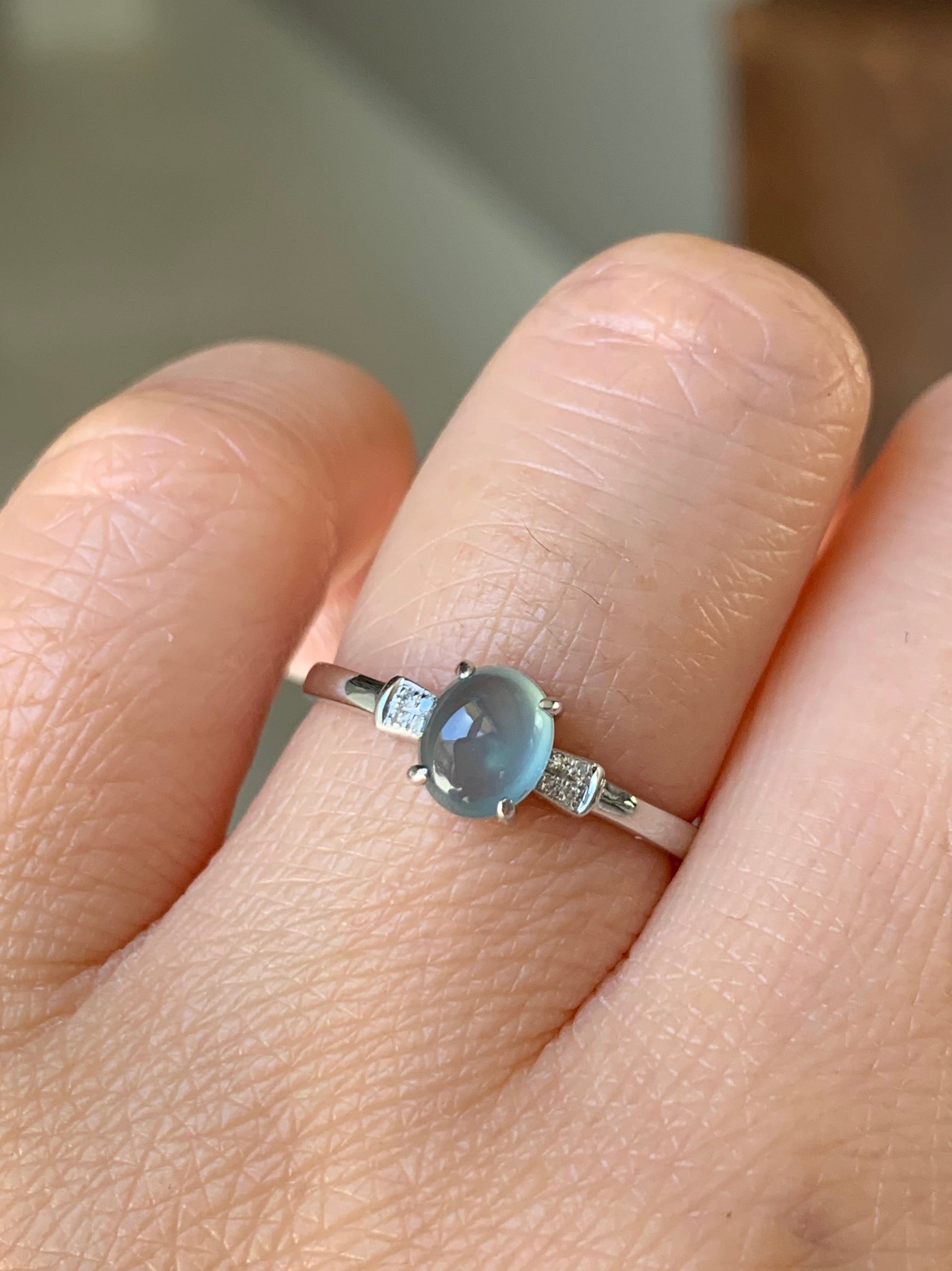 Certified Natural Guatemalan Premium Highly Translucent Blue Jadeite Ring with genuine Diamonds 18K White Gold Sz 7 天然危地马拉正高冰蓝水翡翠钻石镶嵌戒指