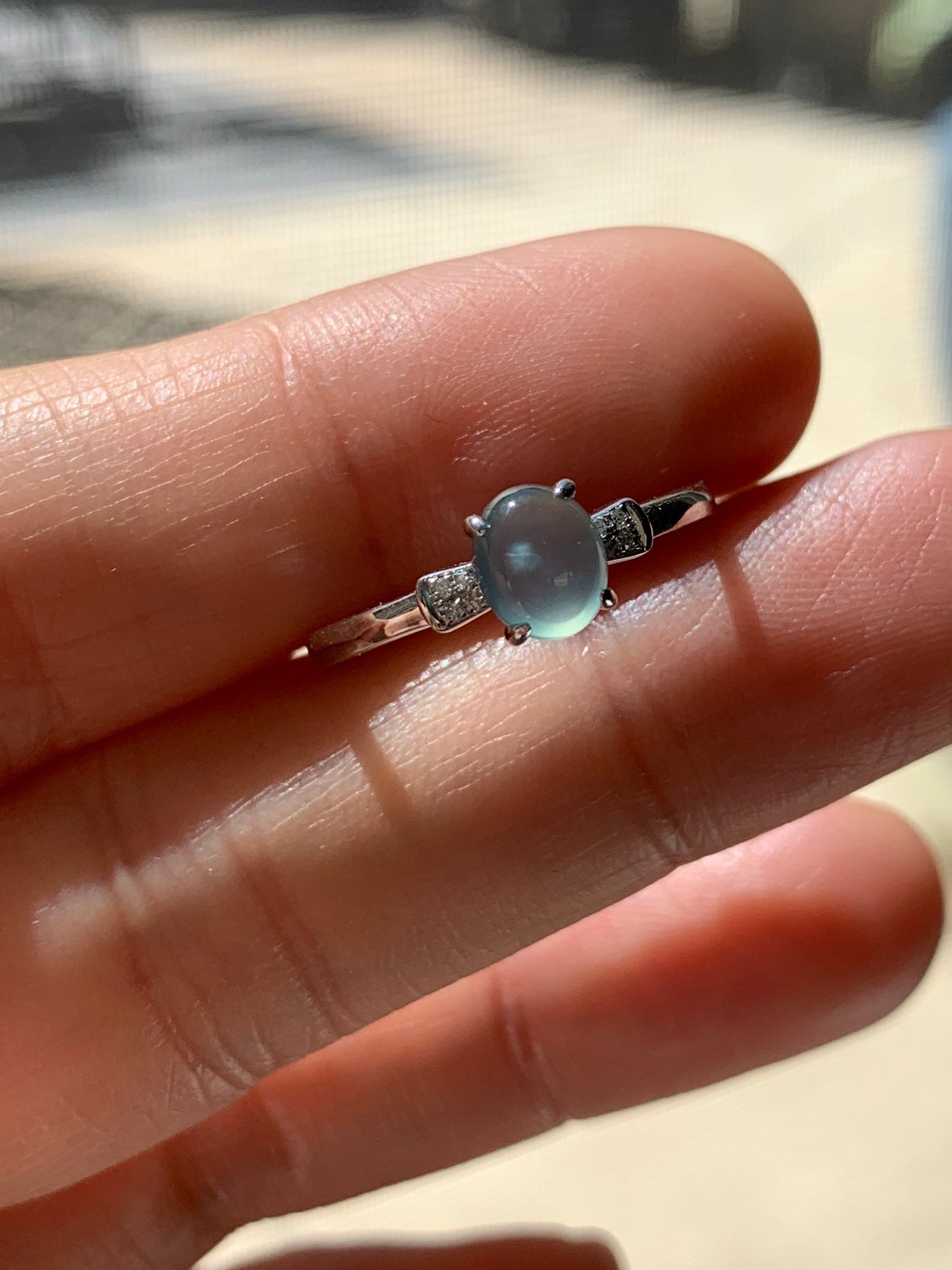 Certified Natural Guatemalan Premium Highly Translucent Blue Jadeite Ring with genuine Diamonds 18K White Gold Sz 7 天然危地马拉正高冰蓝水翡翠钻石镶嵌戒指