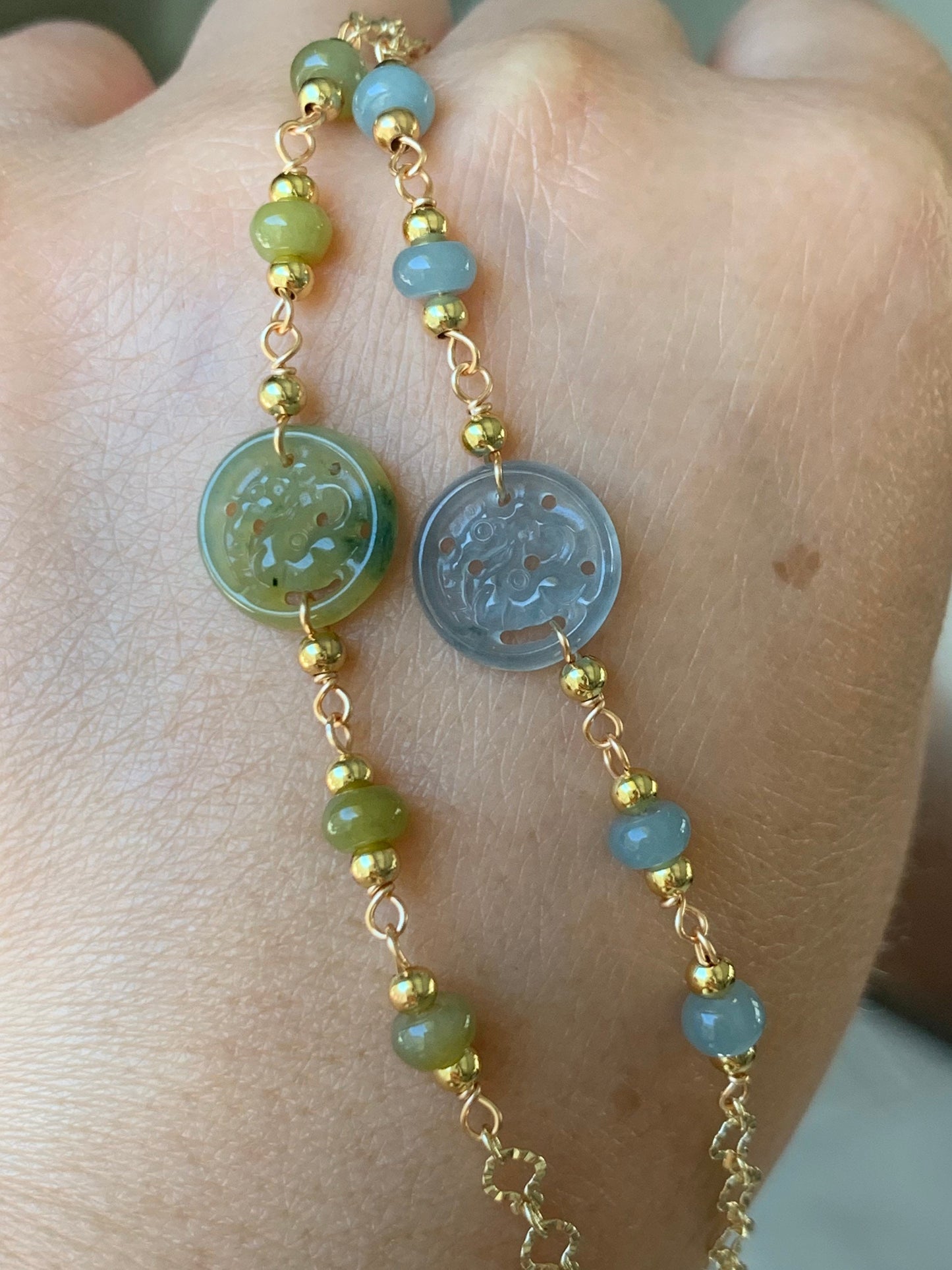 Natural Guatemalan Icy Highly Translucent Jadeite Carved Qilin Tag Bracelet 14K Gold Plated adjustable up to 7.5” 天然冰危高冰翡翠麒麟牌14K包金手链