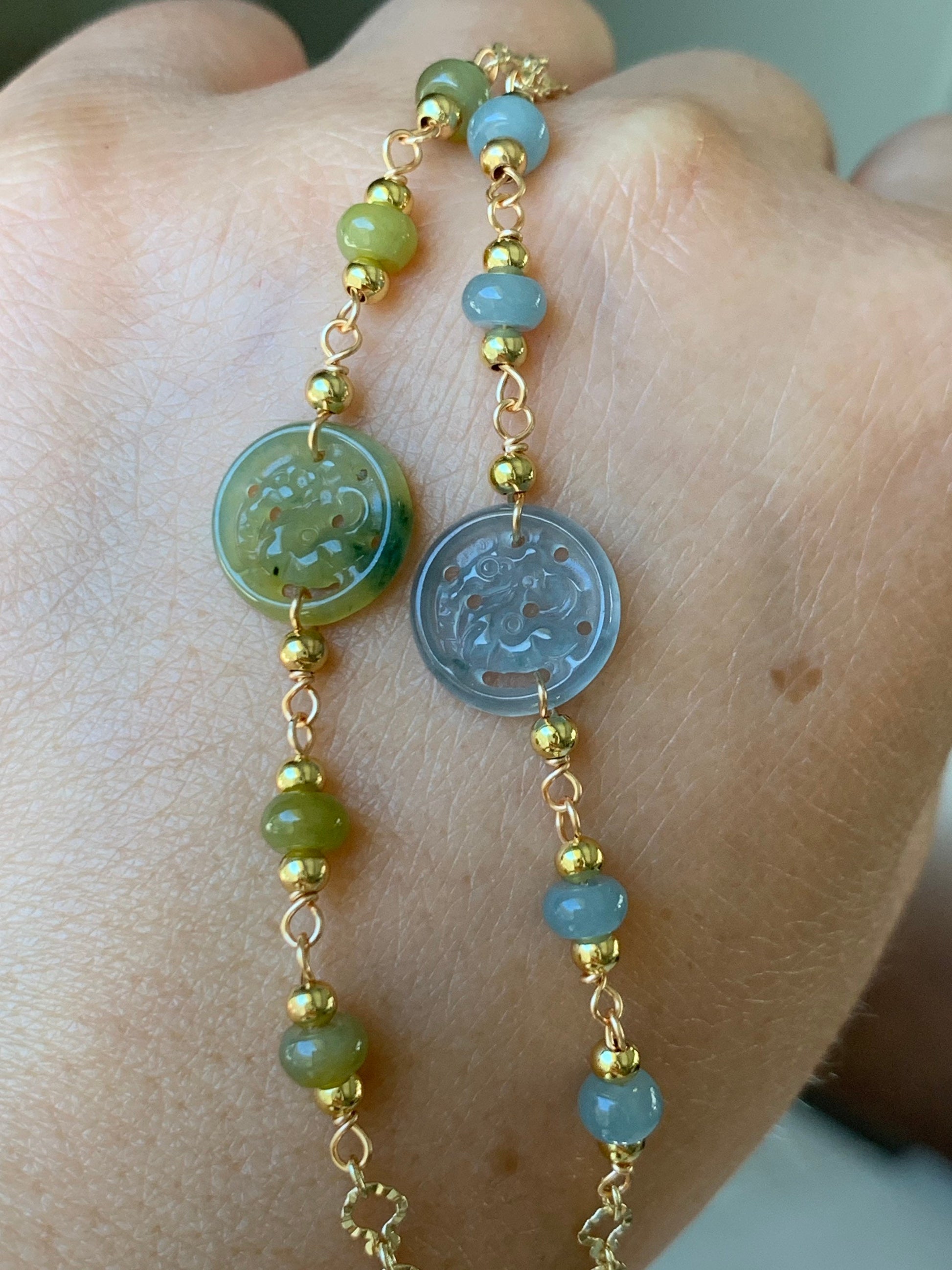 Natural Guatemalan Icy Highly Translucent Jadeite Carved Qilin Tag Bracelet 14K Gold Plated adjustable up to 7.5” 天然冰危高冰翡翠麒麟牌14K包金手链