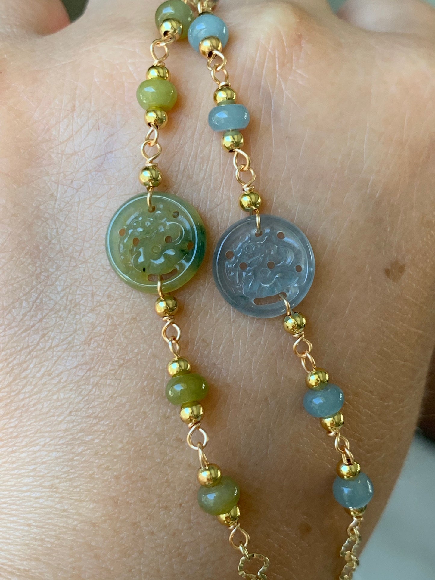 Natural Guatemalan Icy Highly Translucent Jadeite Carved Qilin Tag Bracelet 14K Gold Plated adjustable up to 7.5” 天然冰危高冰翡翠麒麟牌14K包金手链