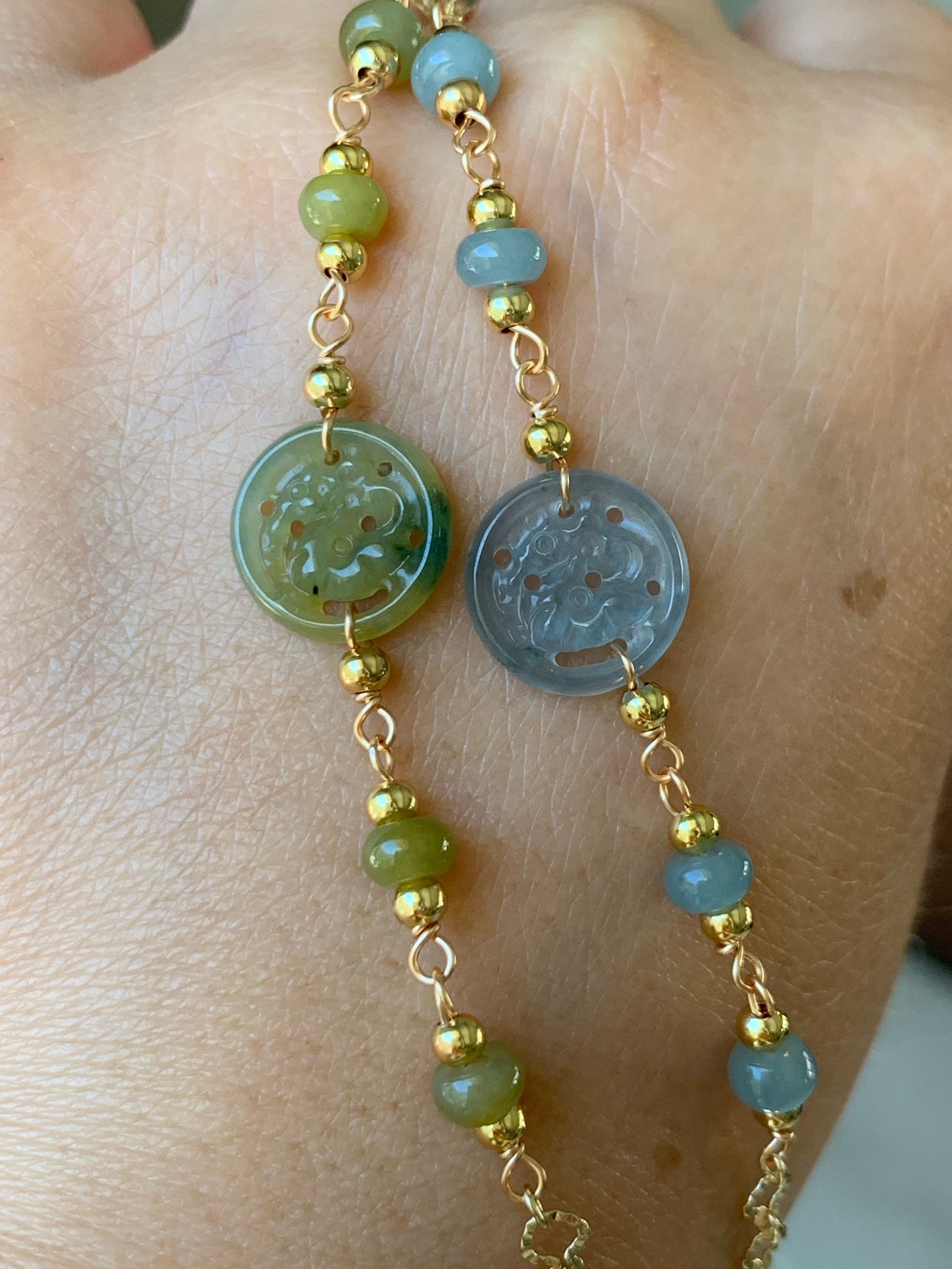 Natural Guatemalan Icy Highly Translucent Jadeite Carved Qilin Tag Bracelet 14K Gold Plated adjustable up to 7.5” 天然冰危高冰翡翠麒麟牌14K包金手链