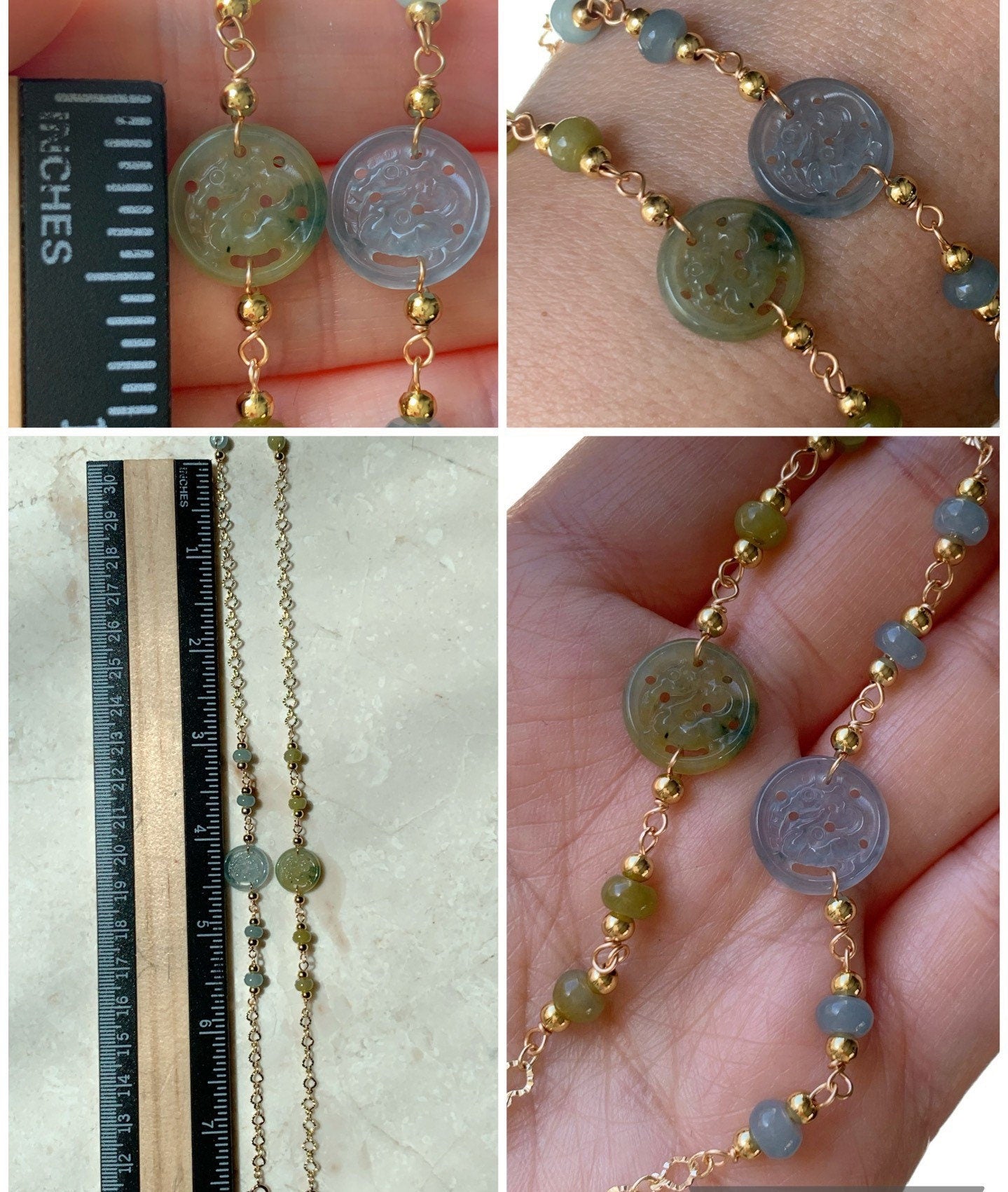 Natural Guatemalan Icy Highly Translucent Jadeite Carved Qilin Tag Bracelet 14K Gold Plated adjustable up to 7.5” 天然冰危高冰翡翠麒麟牌14K包金手链