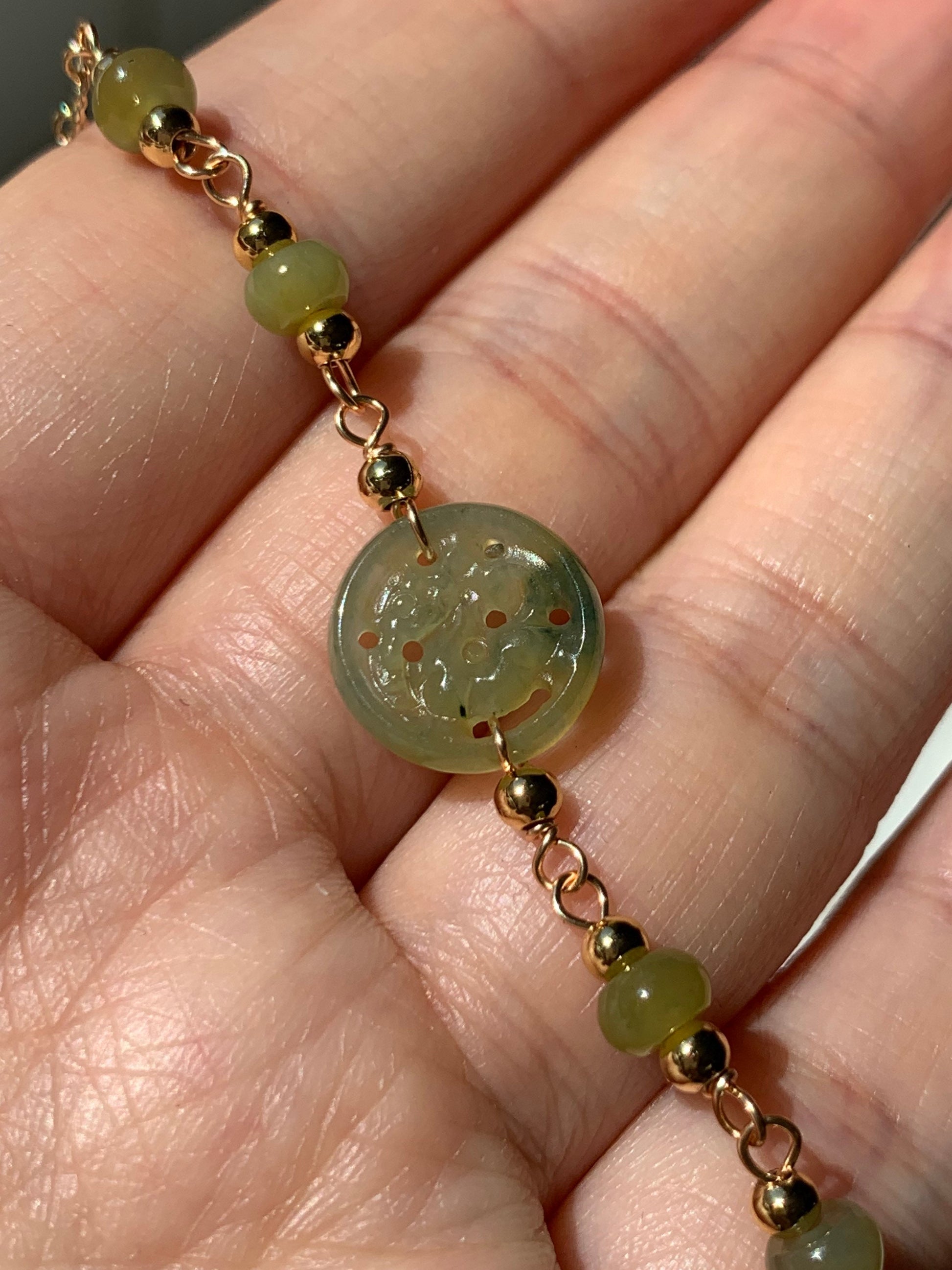 Natural Guatemalan Icy Highly Translucent Jadeite Carved Qilin Tag Bracelet 14K Gold Plated adjustable up to 7.5” 天然冰危高冰翡翠麒麟牌14K包金手链