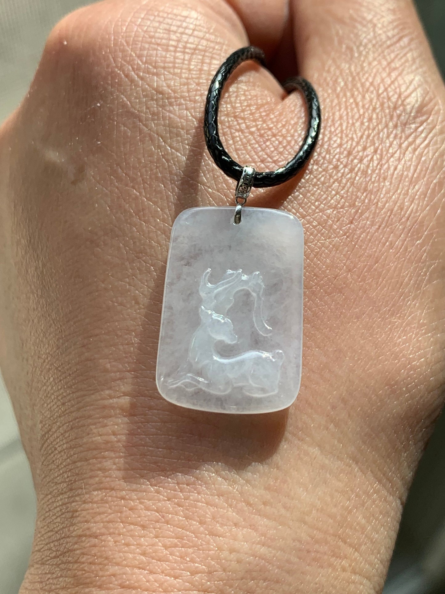Natural Burmese Icy Highly Translucent White Jadeite Deer Tag Pendant 18K White Gold 天然缅甸正冰鹿牌镶嵌吊坠