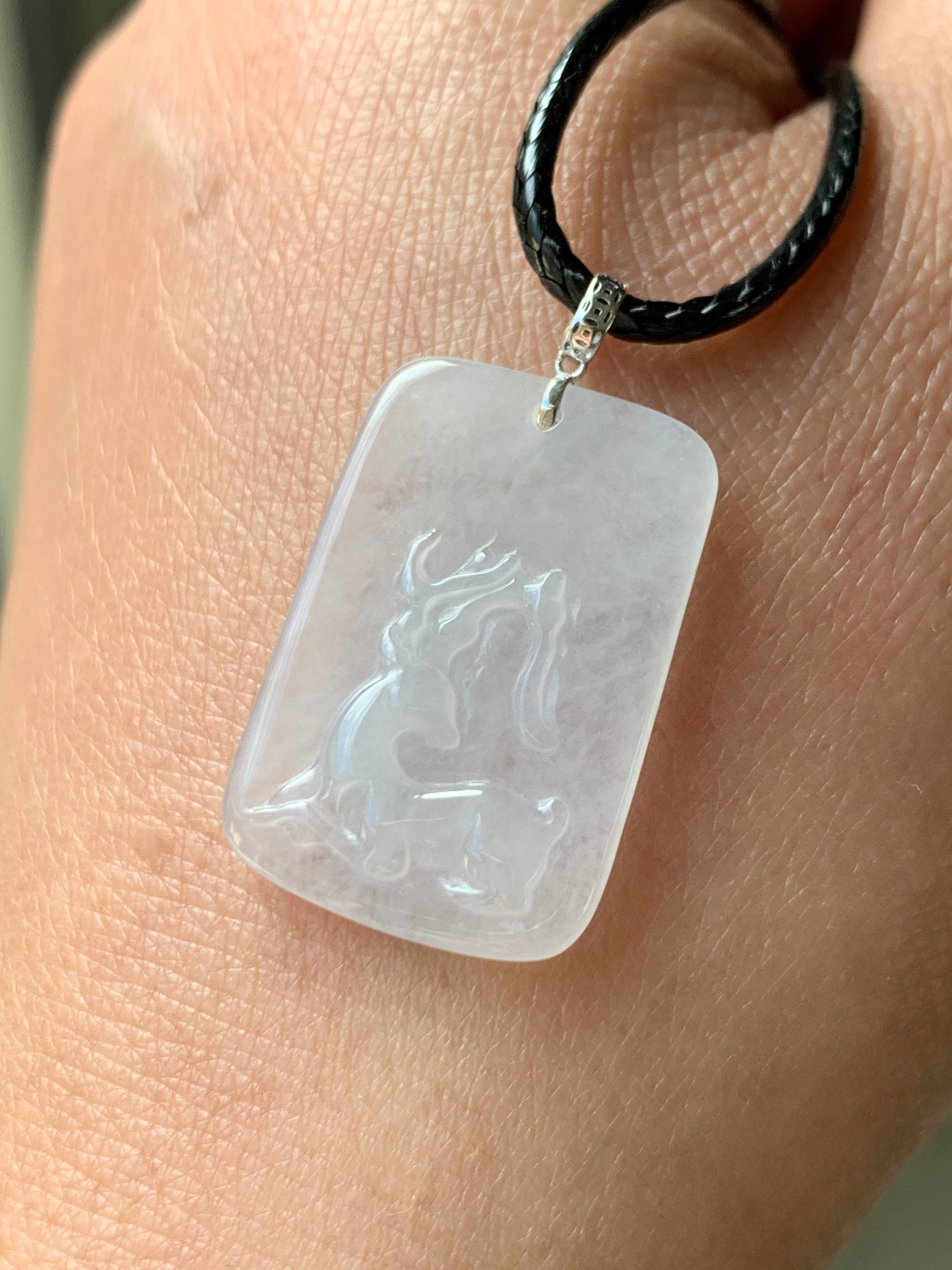 Natural Burmese Icy Highly Translucent White Jadeite Deer Tag Pendant 18K White Gold 天然缅甸正冰鹿牌镶嵌吊坠