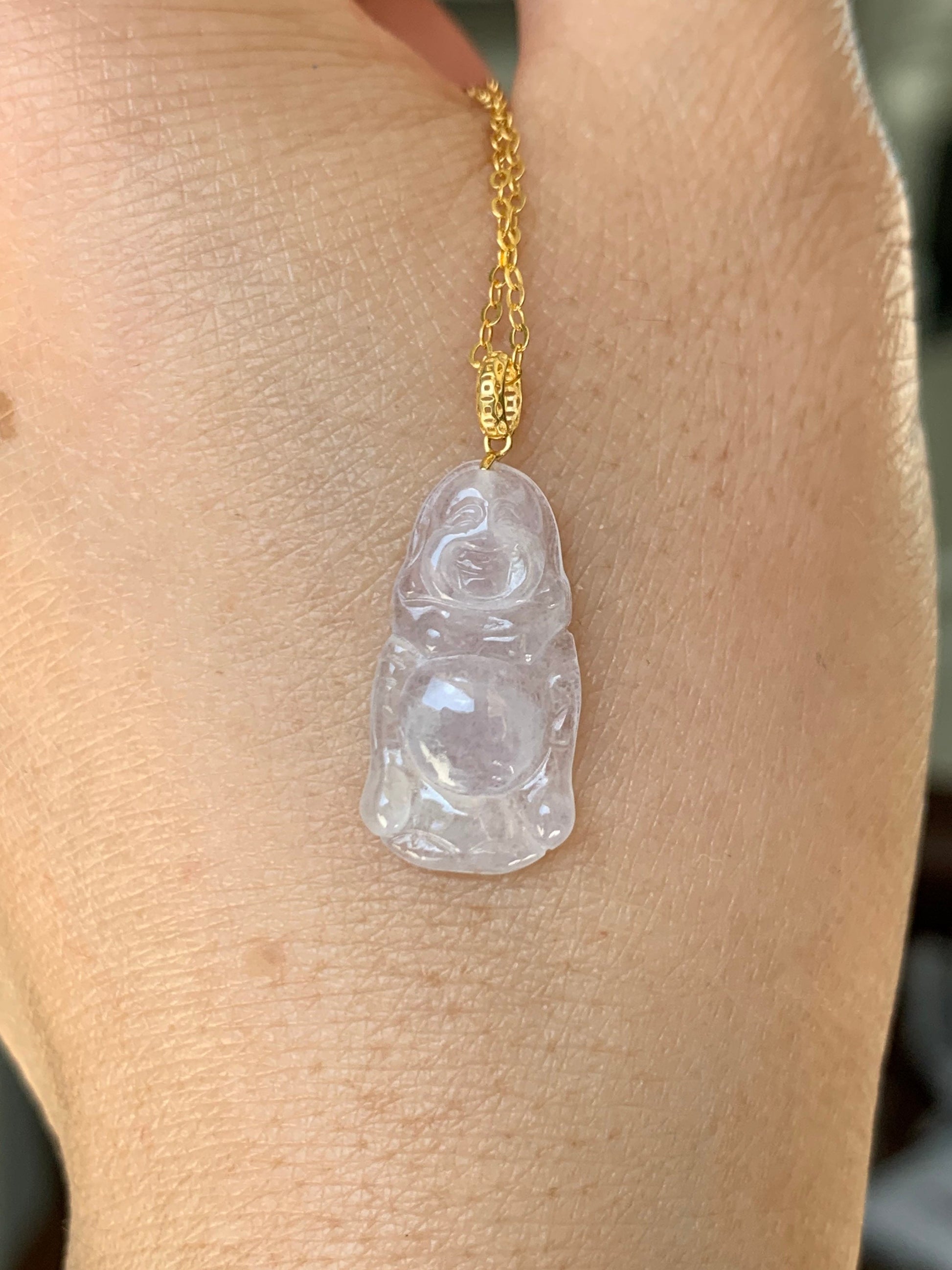 Natural Burmese Premium Transparent Icy Jadeite Light Pink Undertone Buddha Petite Pendant 18K Yellow Gold 天然缅甸老种正高冰起光冰粉底翡翠站佛镶嵌吊坠