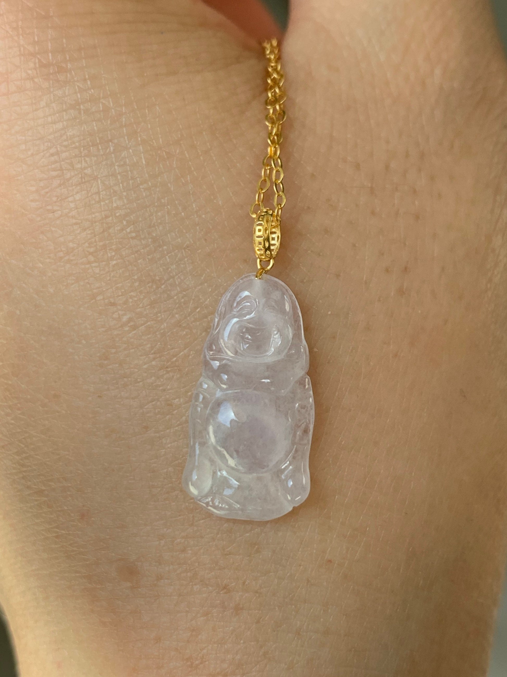 Natural Burmese Premium Transparent Icy Jadeite Light Pink Undertone Buddha Petite Pendant 18K Yellow Gold 天然缅甸老种正高冰起光冰粉底翡翠站佛镶嵌吊坠