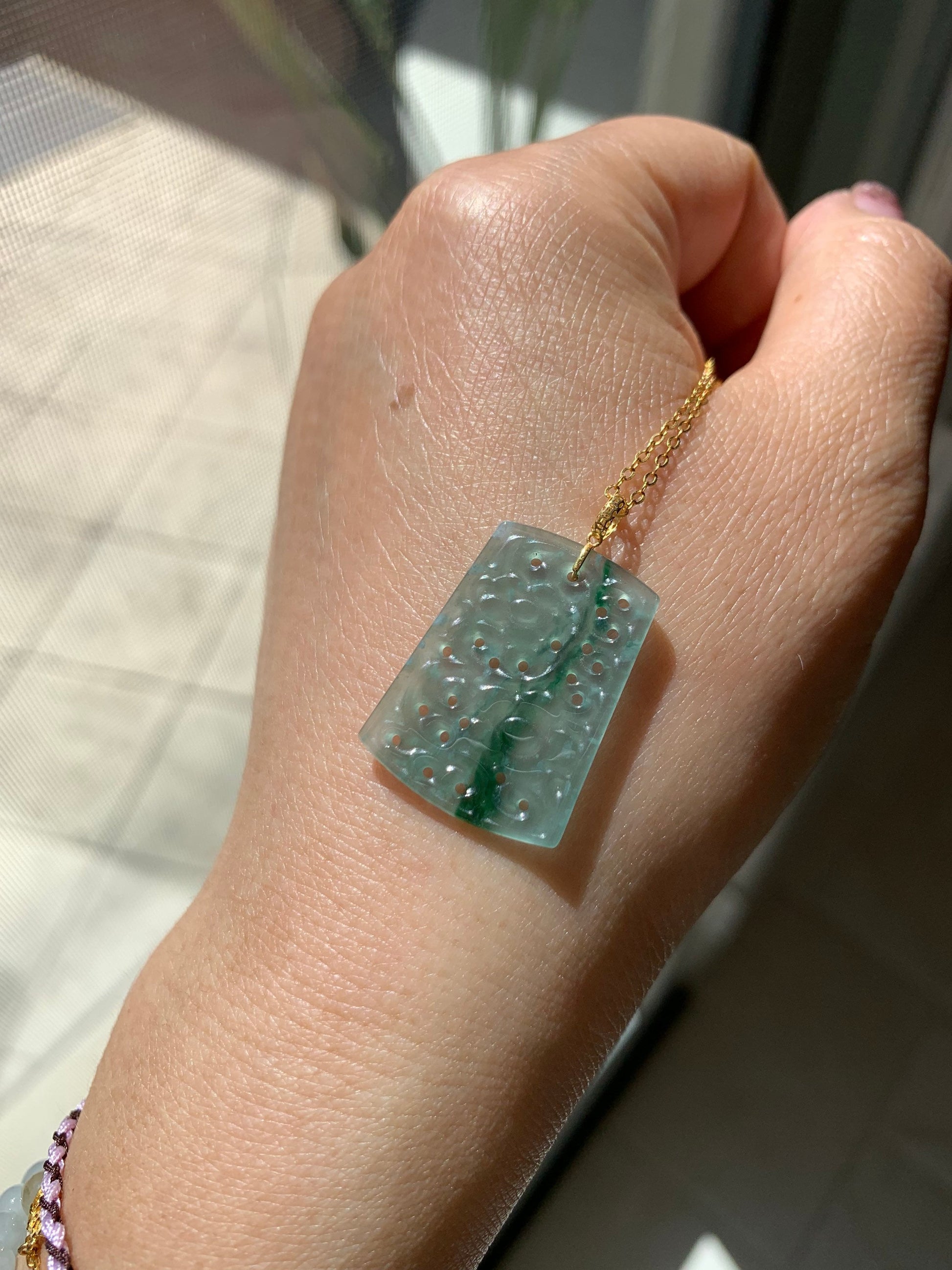 Guatemalan Natural Premium Translucent Light Blue & Green Jadeite Openwork Engraving Retro Design Pendant 18K Yellow Gold 天然高冰危蓝绿翡翠仿古雕镂空吊坠