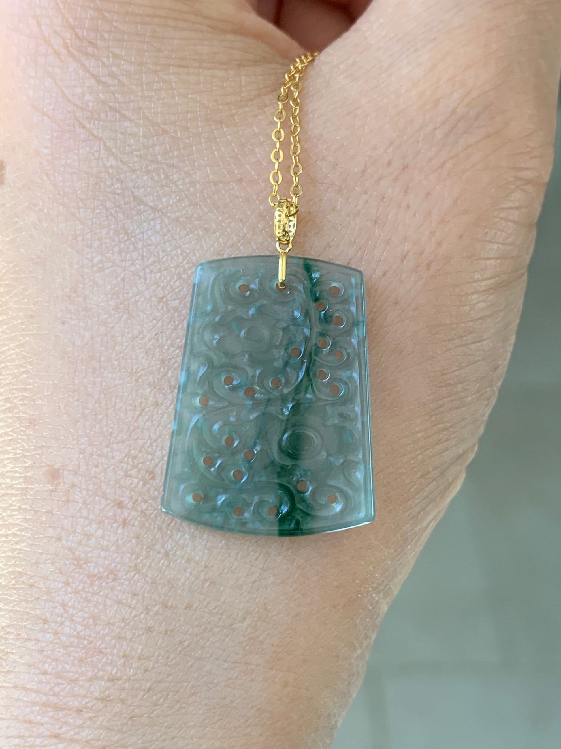 Guatemalan Natural Premium Translucent Light Blue & Green Jadeite Openwork Engraving Retro Design Pendant 18K Yellow Gold 天然高冰危蓝绿翡翠仿古雕镂空吊坠