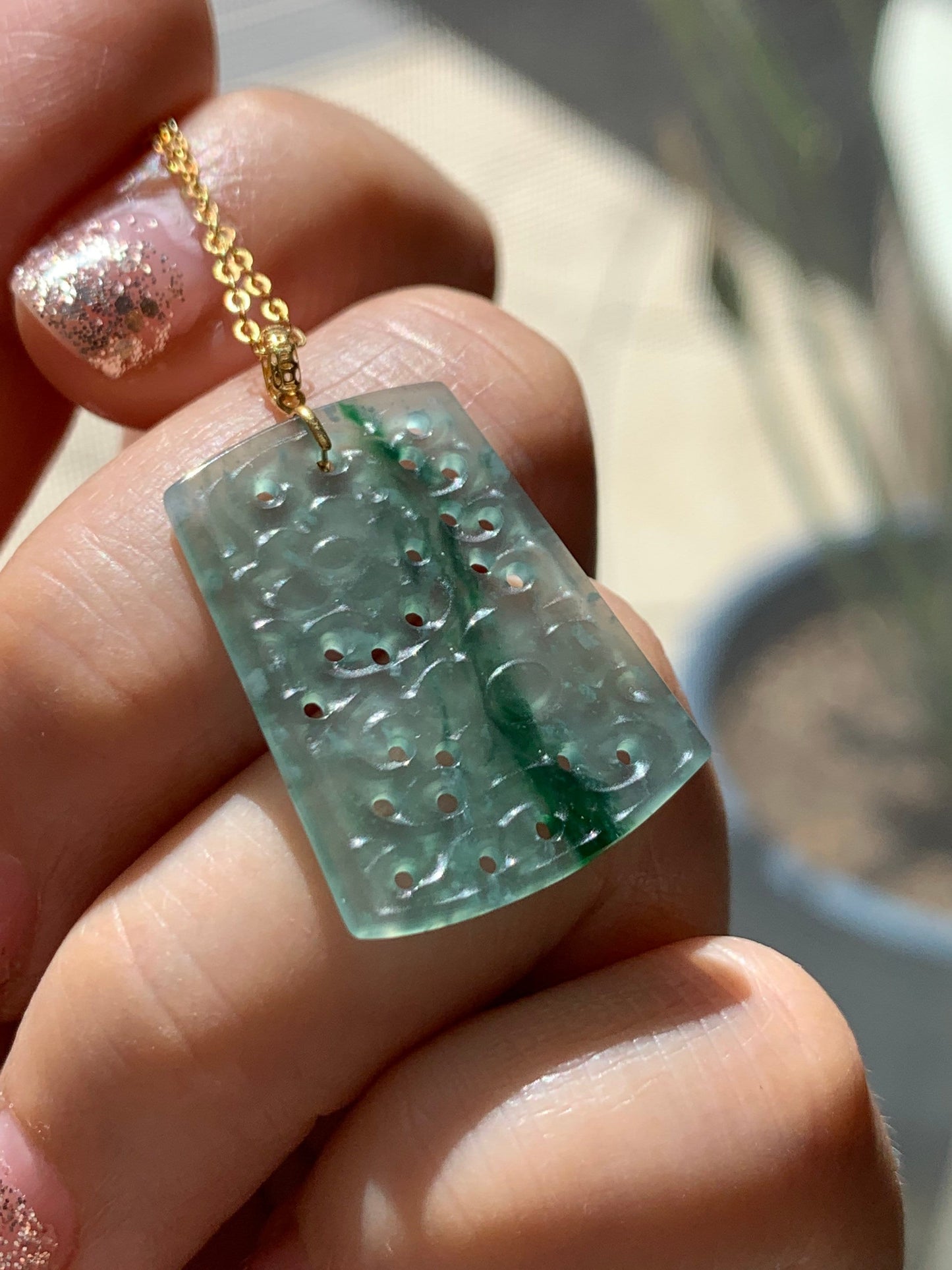 Guatemalan Natural Premium Translucent Light Blue & Green Jadeite Openwork Engraving Retro Design Pendant 18K Yellow Gold 天然高冰危蓝绿翡翠仿古雕镂空吊坠