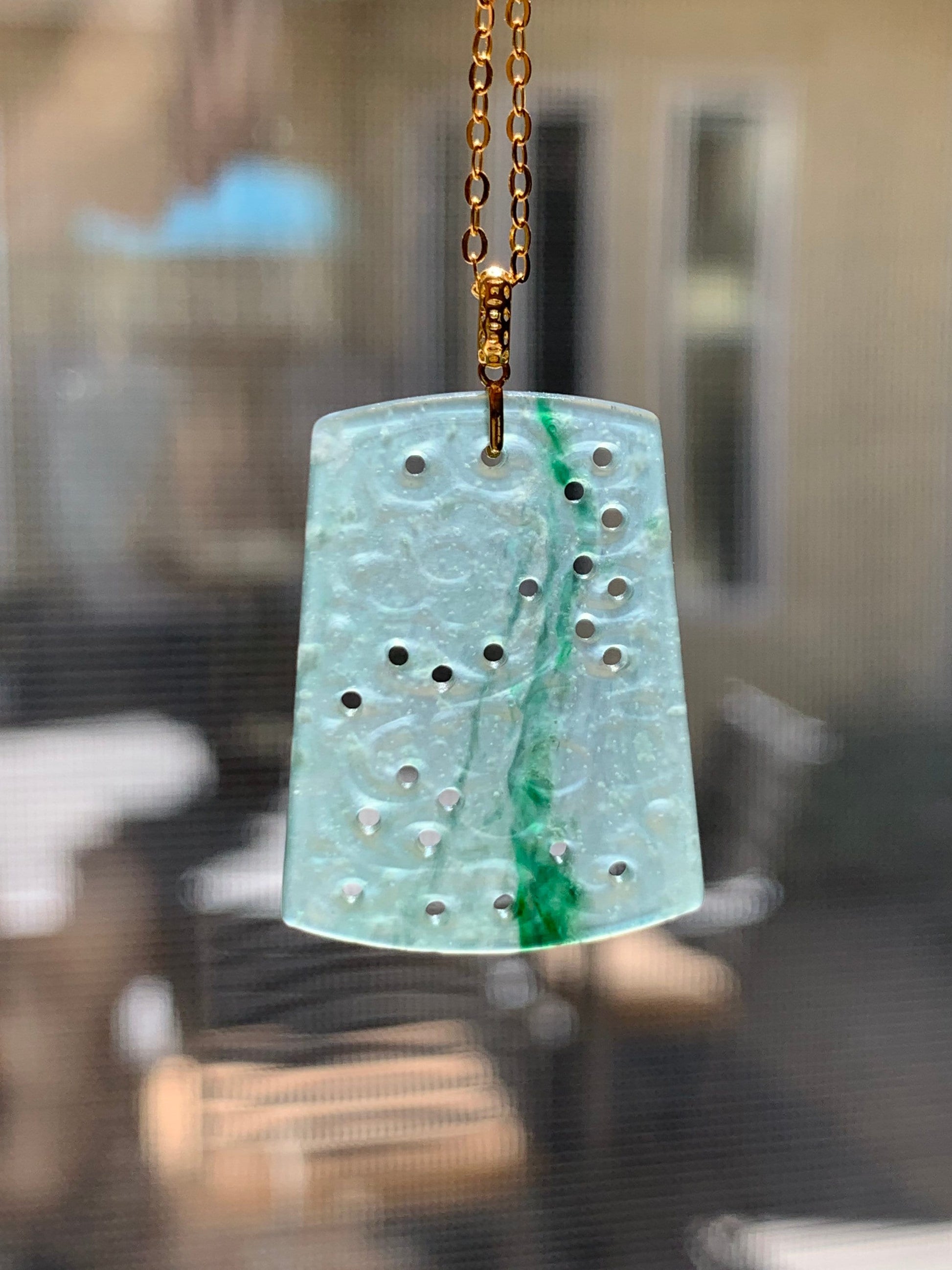 Guatemalan Natural Premium Translucent Light Blue & Green Jadeite Openwork Engraving Retro Design Pendant 18K Yellow Gold 天然高冰危蓝绿翡翠仿古雕镂空吊坠