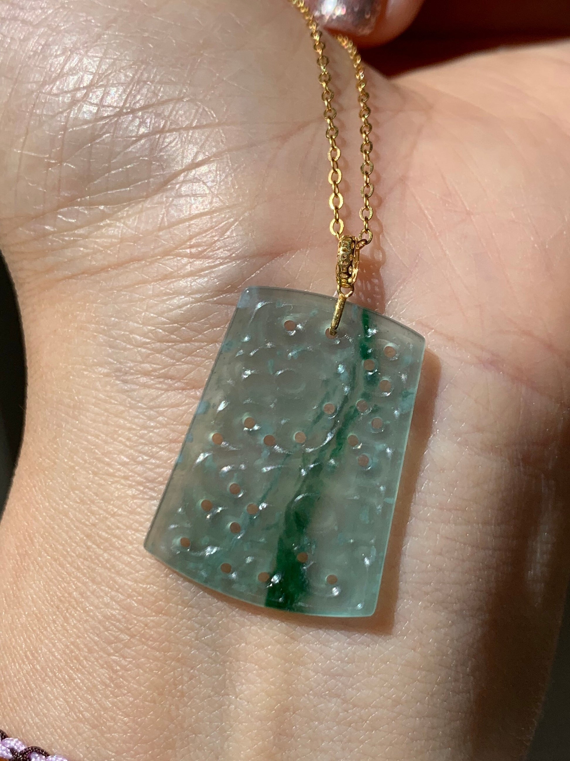 Guatemalan Natural Premium Translucent Light Blue & Green Jadeite Openwork Engraving Retro Design Pendant 18K Yellow Gold 天然高冰危蓝绿翡翠仿古雕镂空吊坠