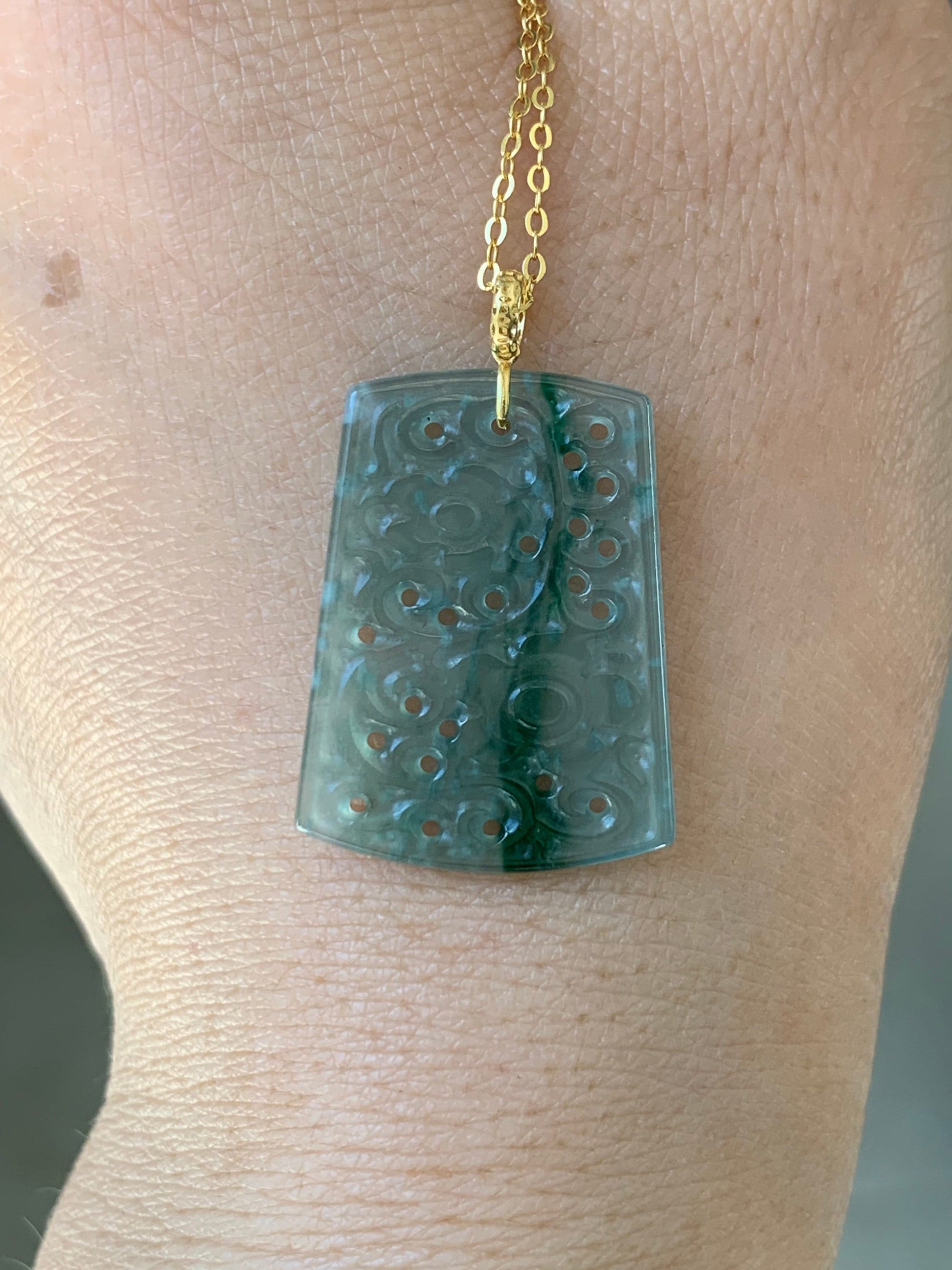 Guatemalan Natural Premium Translucent Light Blue & Green Jadeite Openwork Engraving Retro Design Pendant 18K Yellow Gold 天然高冰危蓝绿翡翠仿古雕镂空吊坠
