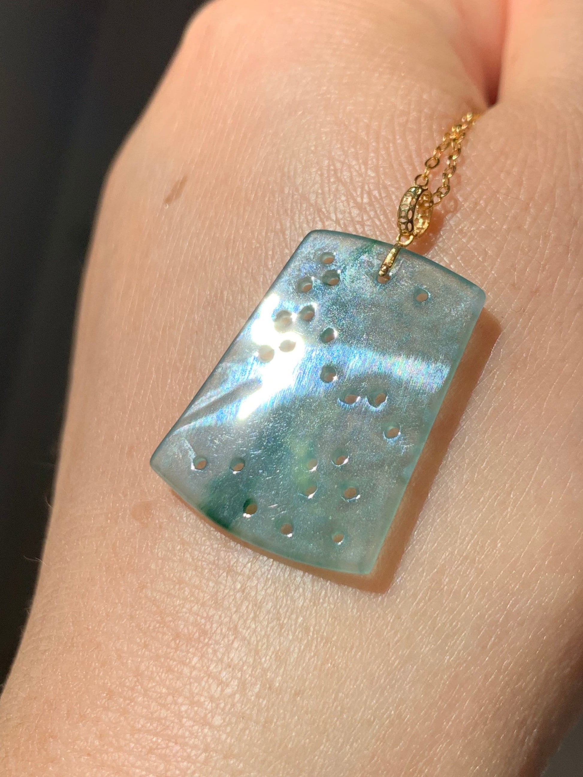 Guatemalan Natural Premium Translucent Light Blue & Green Jadeite Openwork Engraving Retro Design Pendant 18K Yellow Gold 天然高冰危蓝绿翡翠仿古雕镂空吊坠