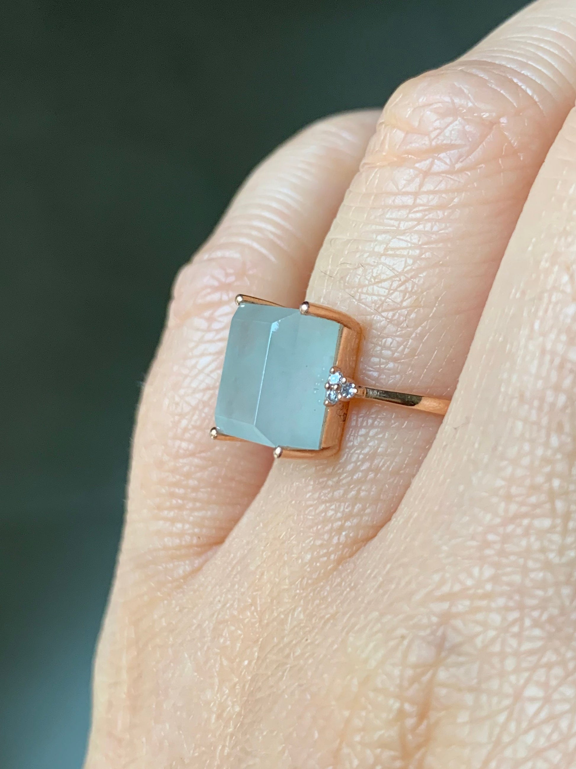 Certified Natural Burmese Premium Icy Translucent Light Green Emerald Cut Jadeite And Diamond Ring 18K Rose Gold Sz 7 天然缅甸正冰晴底雪花棉翡翠切割面钻石戒指
