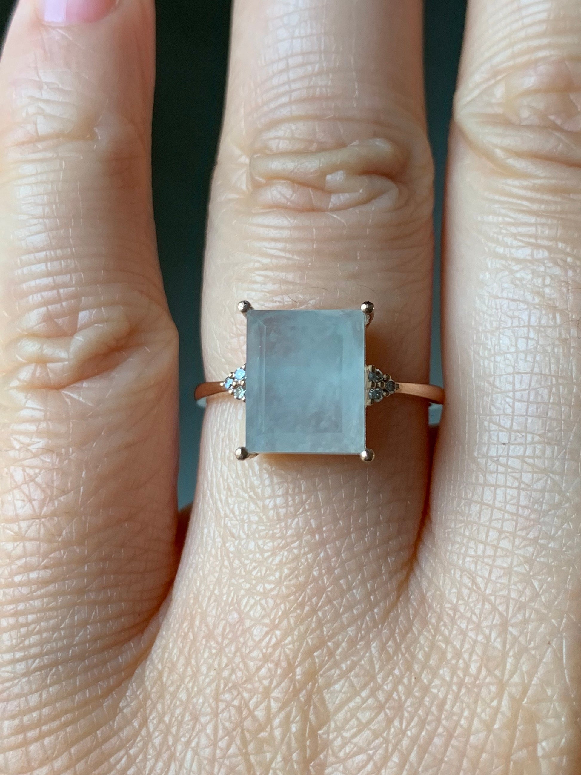 Certified Natural Burmese Premium Icy Translucent Light Green Emerald Cut Jadeite And Diamond Ring 18K Rose Gold Sz 7 天然缅甸正冰晴底雪花棉翡翠切割面钻石戒指