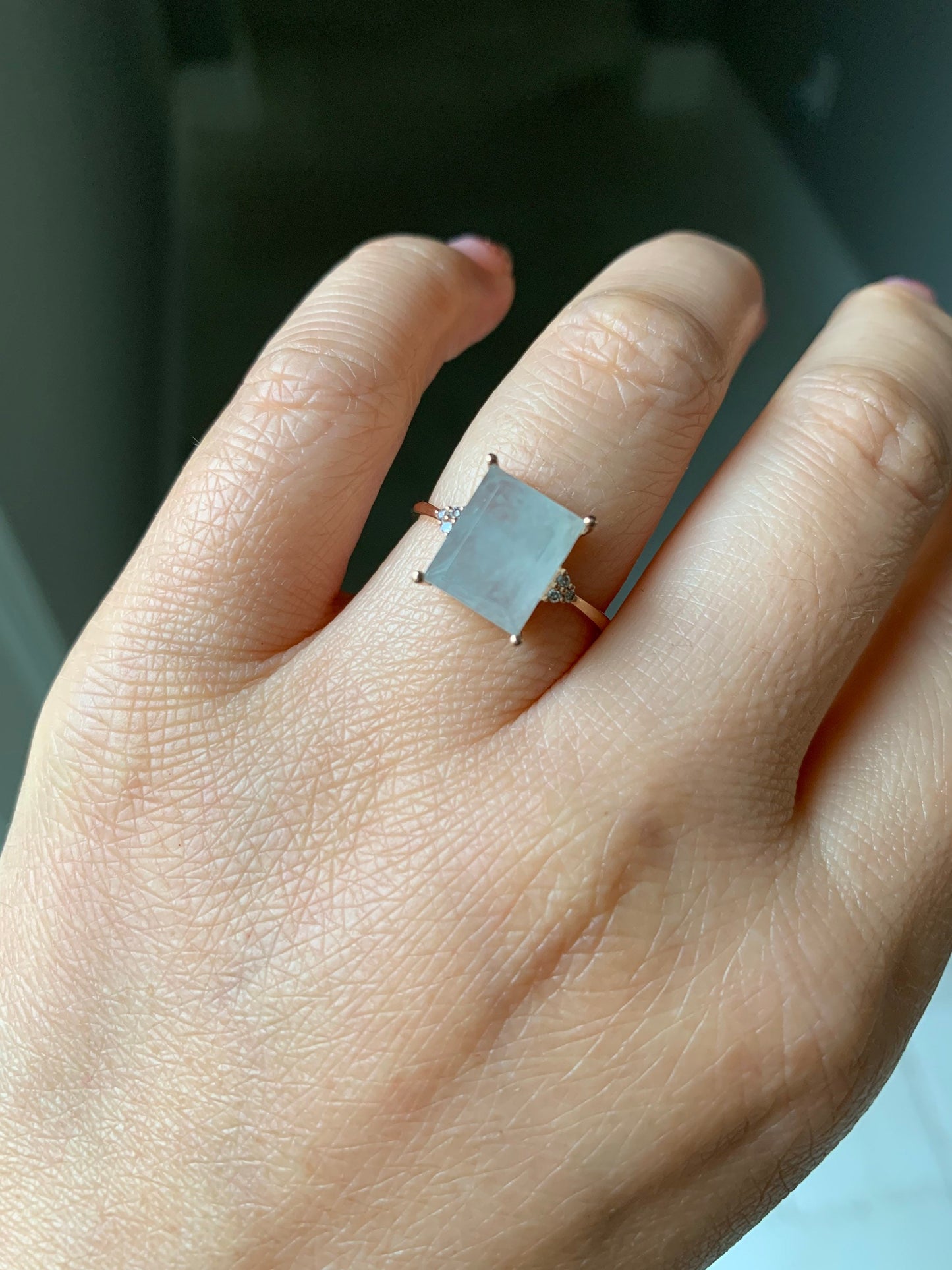 Certified Natural Burmese Premium Icy Translucent Light Green Emerald Cut Jadeite And Diamond Ring 18K Rose Gold Sz 7 天然缅甸正冰晴底雪花棉翡翠切割面钻石戒指