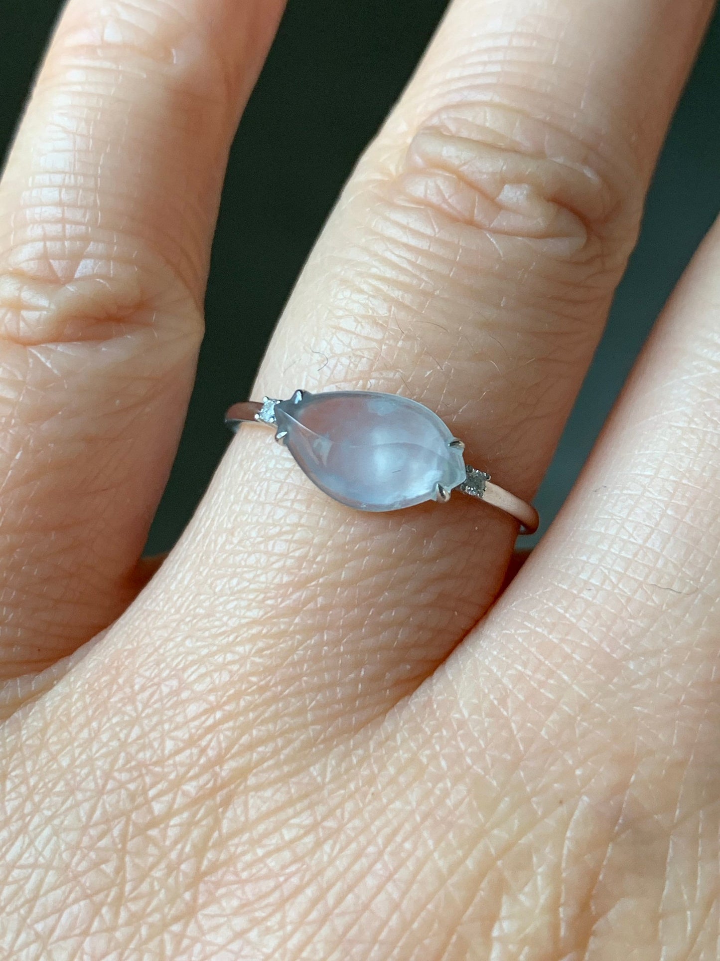 Certified 18K White Gold Burmese MuNa Premium Icy White Jadeite in Horse Eye Cut Ring with Diamonds Sz 7 天然缅甸木纳雪花棉翡翠马眼镶嵌戒指