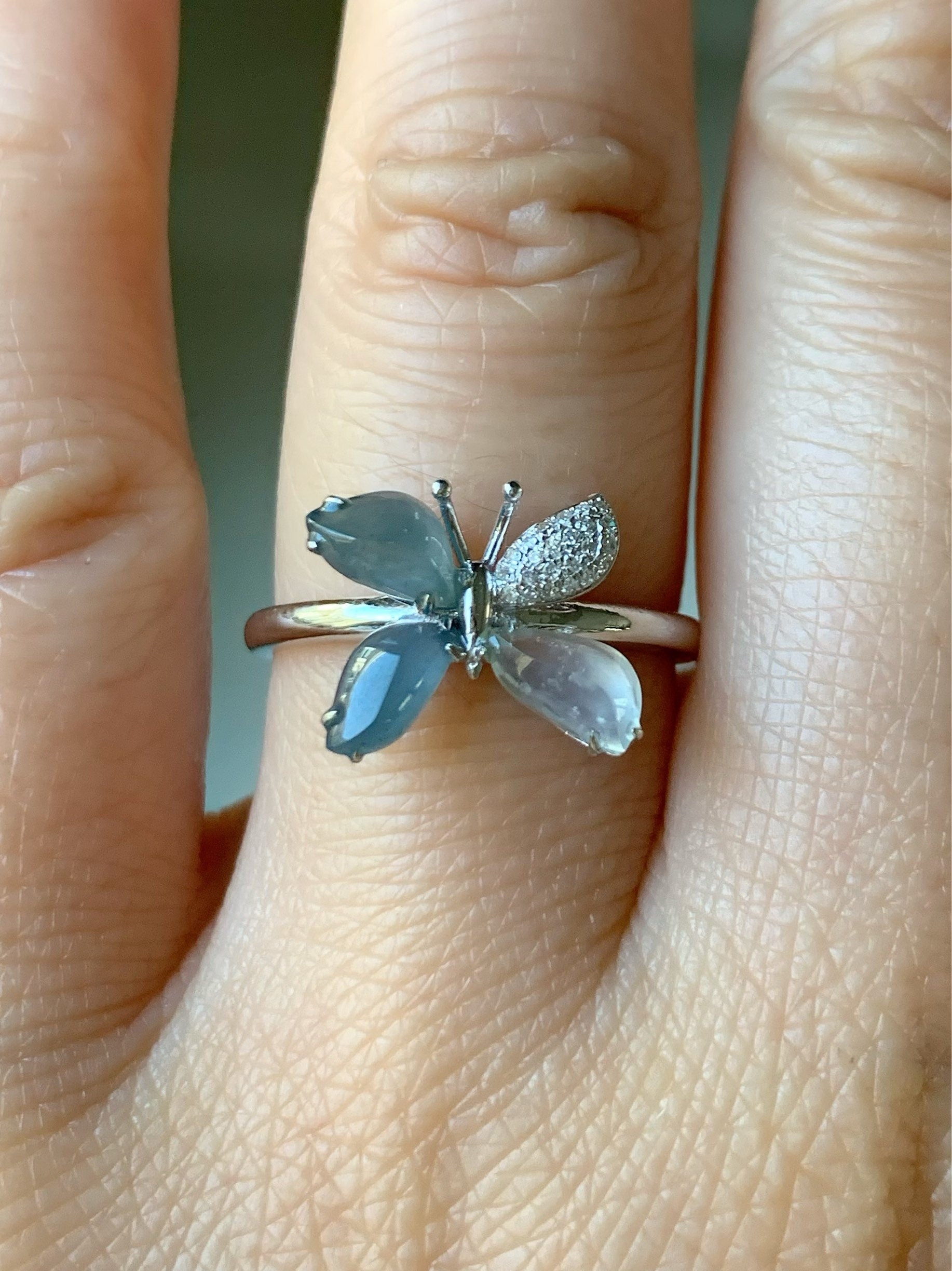 Certified Natural Burmese and Guatemalan Premium Jadeite And Diamond Butterfly Ring 18K White Gold Sz 7 天然缅甸危蓝正冰起光蝴蝶白金钻石戒指