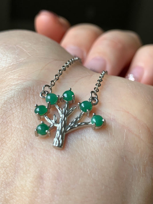 Natural Burmese Icy Translucent Dark Green Jadeite Tree Pendant and Necklace 15-17” adjustable S925 Silver 天然缅甸冰绿翡翠银镶吊坠锁骨链