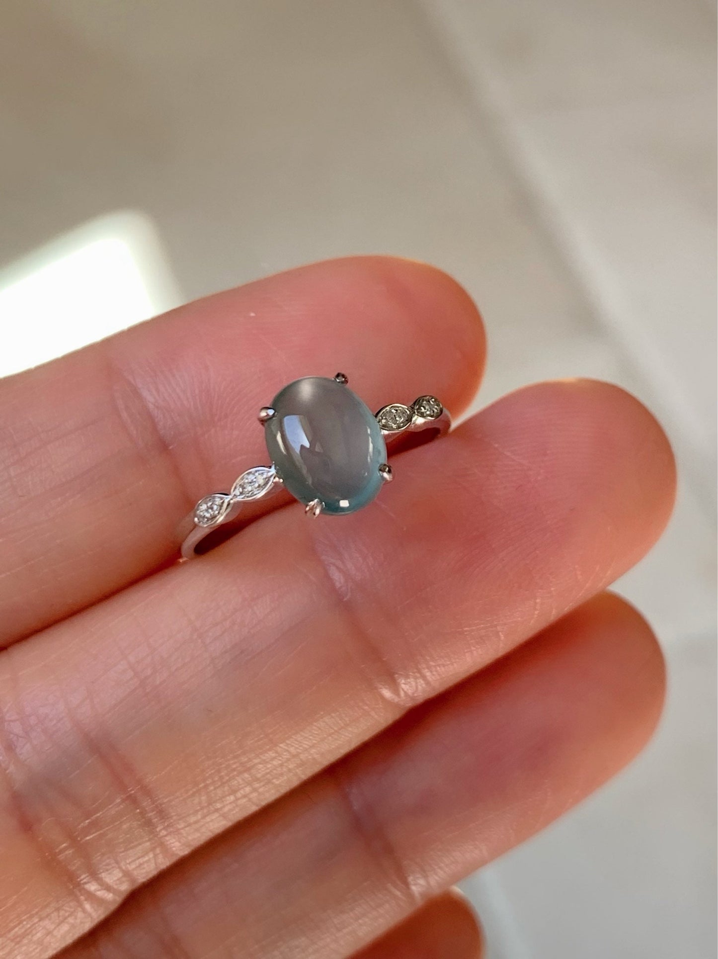Certified Natural Guatemalan Premium Highly Translucent Blue Jadeite Ring with genuine Diamonds 18K White Gold Sz 7 天然危地马拉正高冰蓝水翡翠钻石镶嵌戒指