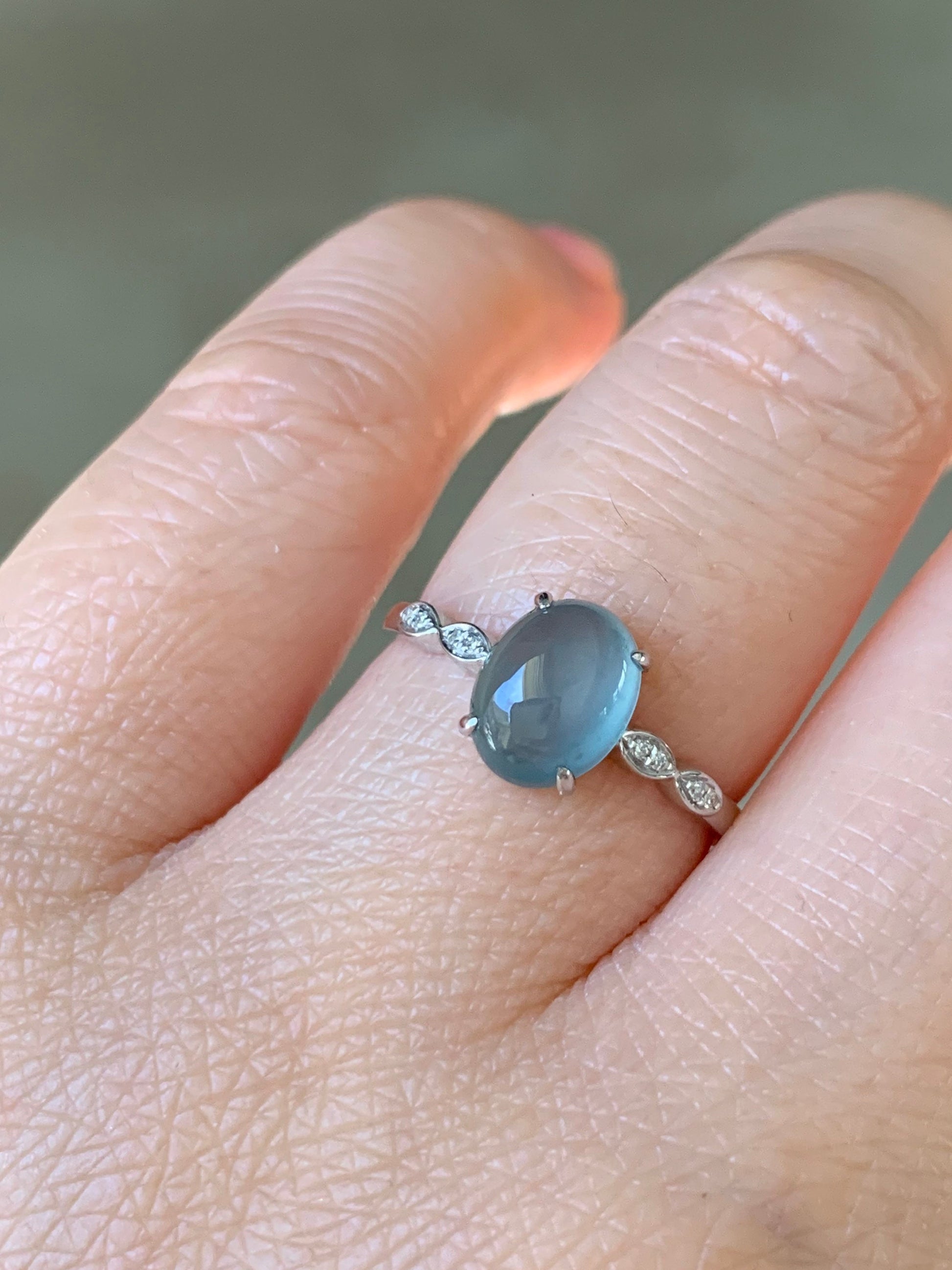 Certified Natural Guatemalan Premium Highly Translucent Blue Jadeite Ring with genuine Diamonds 18K White Gold Sz 7 天然危地马拉正高冰蓝水翡翠钻石镶嵌戒指