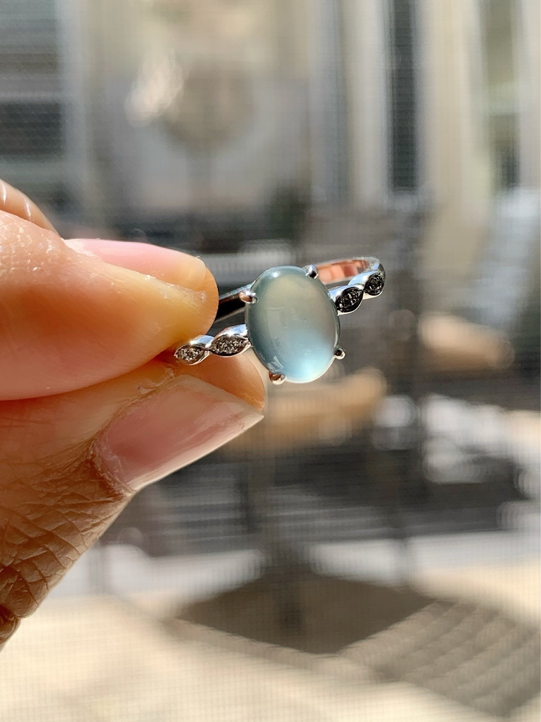 Certified Natural Guatemalan Premium Highly Translucent Blue Jadeite Ring with genuine Diamonds 18K White Gold Sz 7 天然危地马拉正高冰蓝水翡翠钻石镶嵌戒指