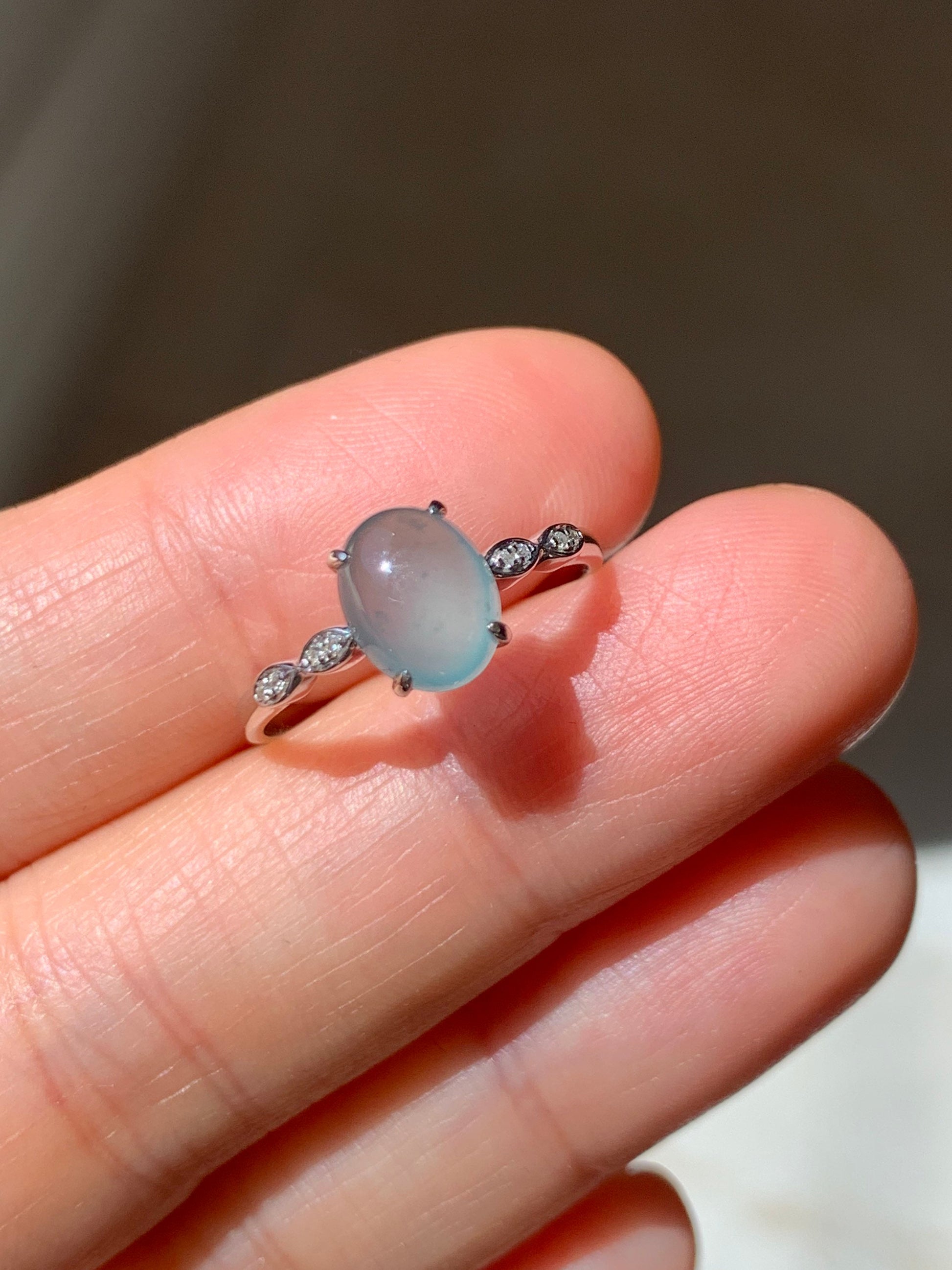 Certified Natural Guatemalan Premium Highly Translucent Blue Jadeite Ring with genuine Diamonds 18K White Gold Sz 7 天然危地马拉正高冰蓝水翡翠钻石镶嵌戒指