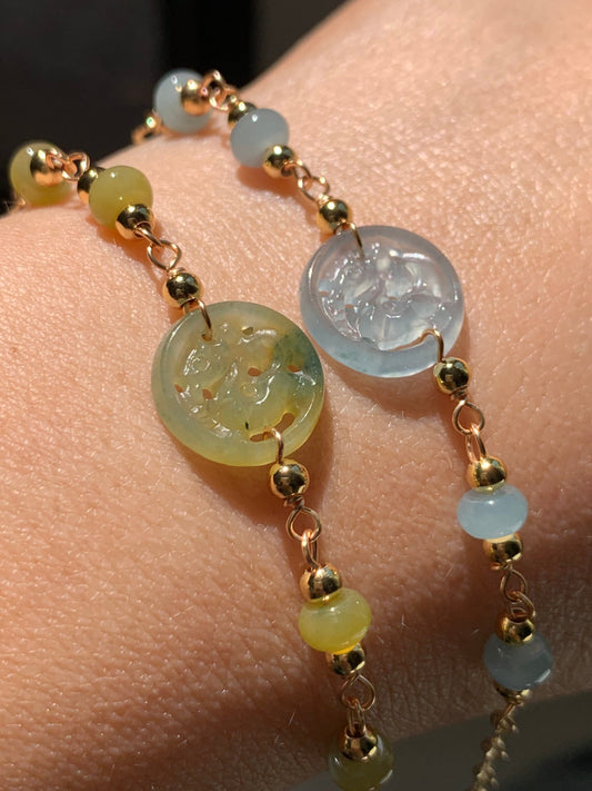 Natural Guatemalan Icy Highly Translucent Jadeite Carved Qilin Tag Bracelet 14K Gold Plated adjustable up to 7.5” 天然冰危高冰翡翠麒麟牌14K包金手链