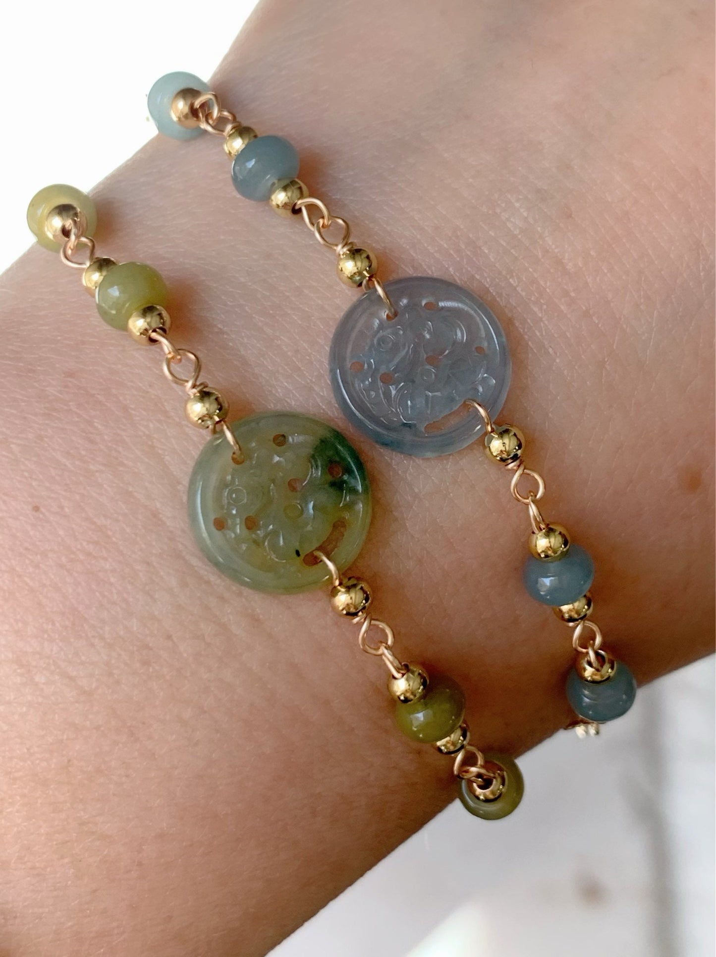Natural Guatemalan Icy Highly Translucent Jadeite Carved Qilin Tag Bracelet 14K Gold Plated adjustable up to 7.5” 天然冰危高冰翡翠麒麟牌14K包金手链