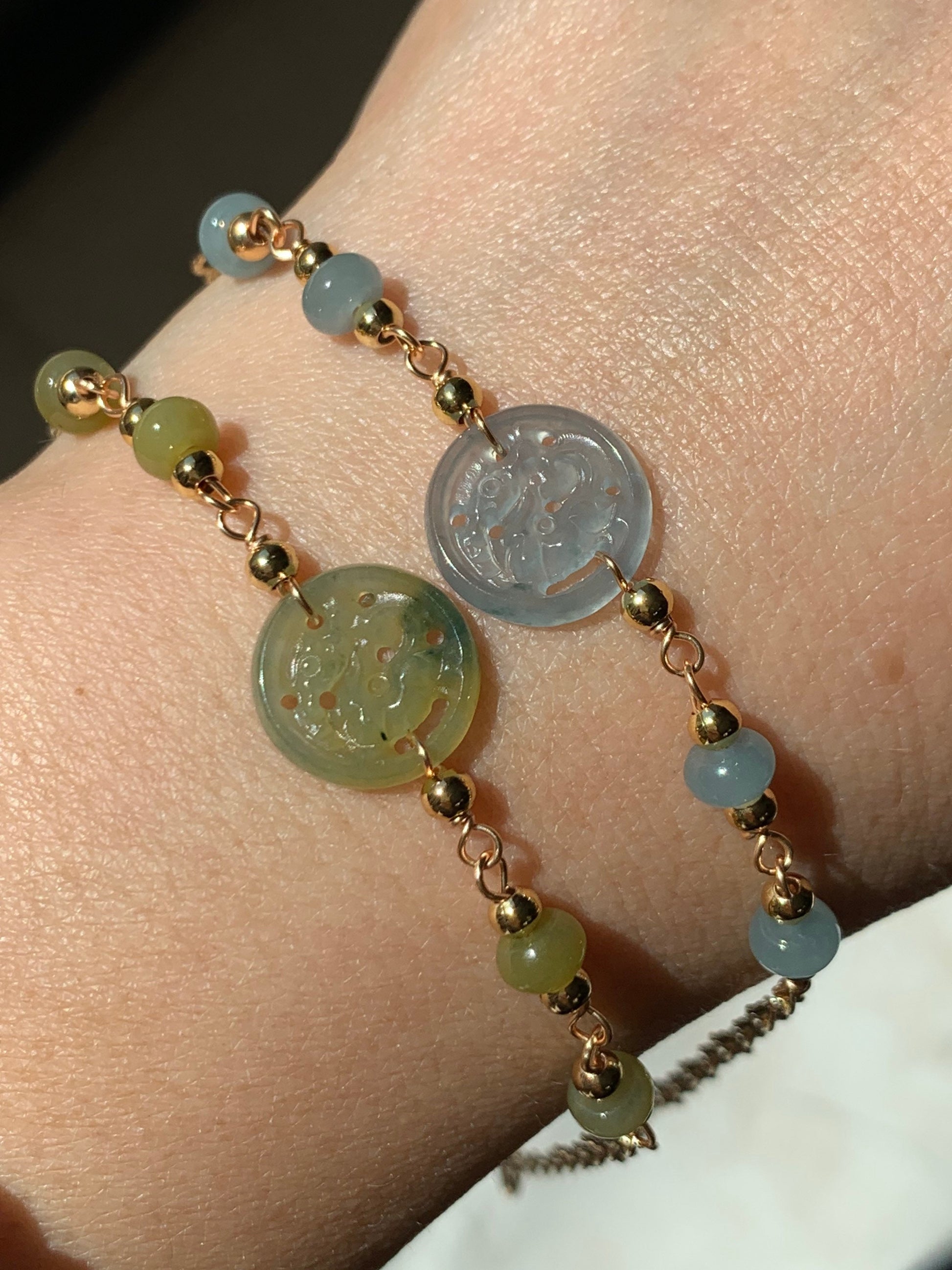 Natural Guatemalan Icy Highly Translucent Jadeite Carved Qilin Tag Bracelet 14K Gold Plated adjustable up to 7.5” 天然冰危高冰翡翠麒麟牌14K包金手链