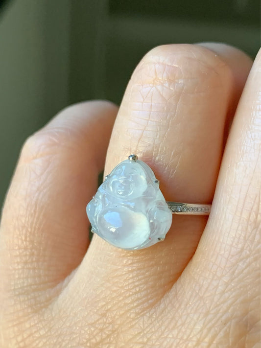 Certified Natural Burmese Translucent White Jadeite Buddha and Diamond Ring 18K White Gold Size 7 天然缅甸白冰翡翠佛公18K钻石镶嵌戒指