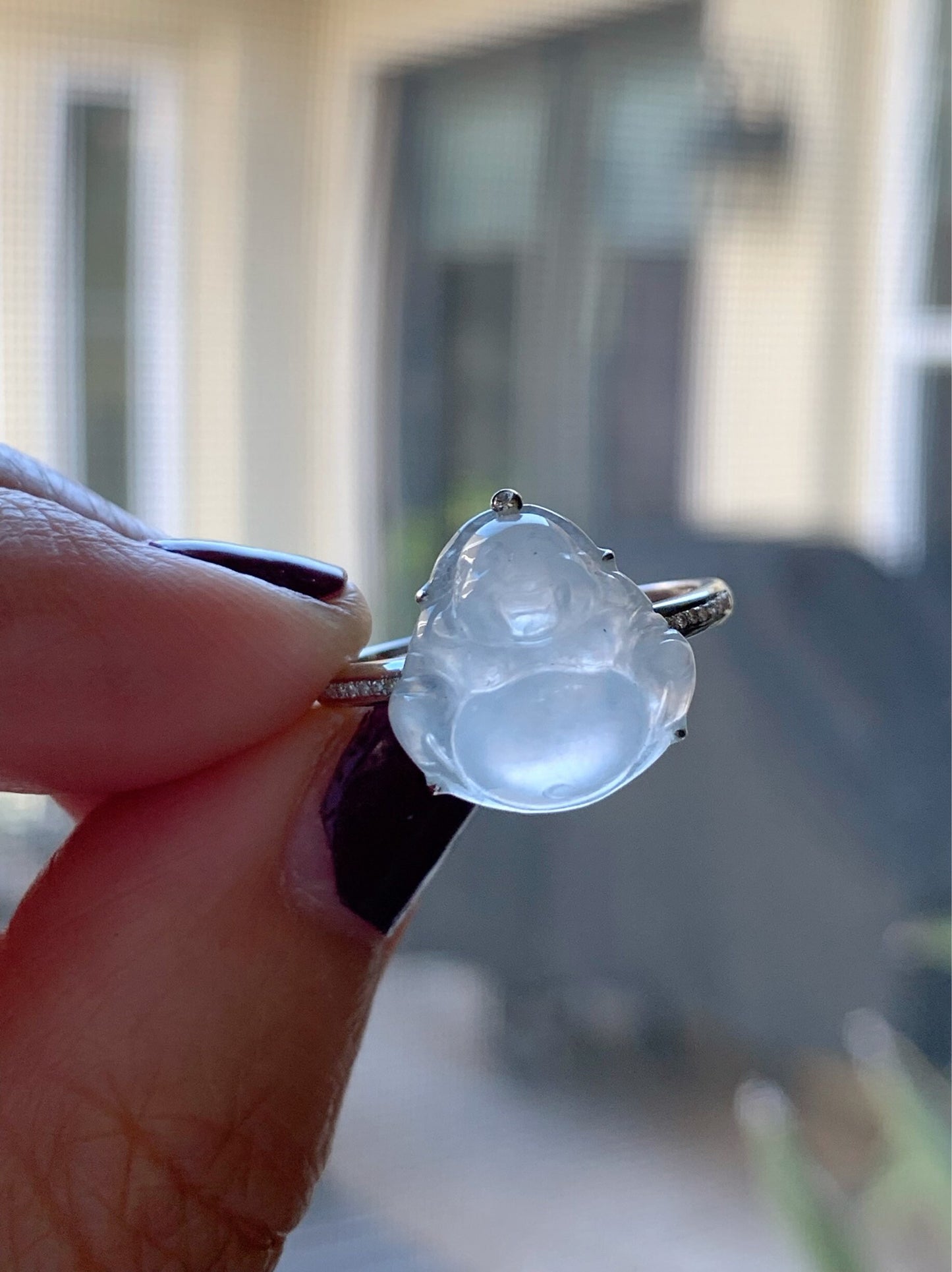 Certified Natural Burmese Translucent White Jadeite Buddha and Diamond Ring 18K White Gold Size 7 天然缅甸白冰翡翠佛公18K钻石镶嵌戒指