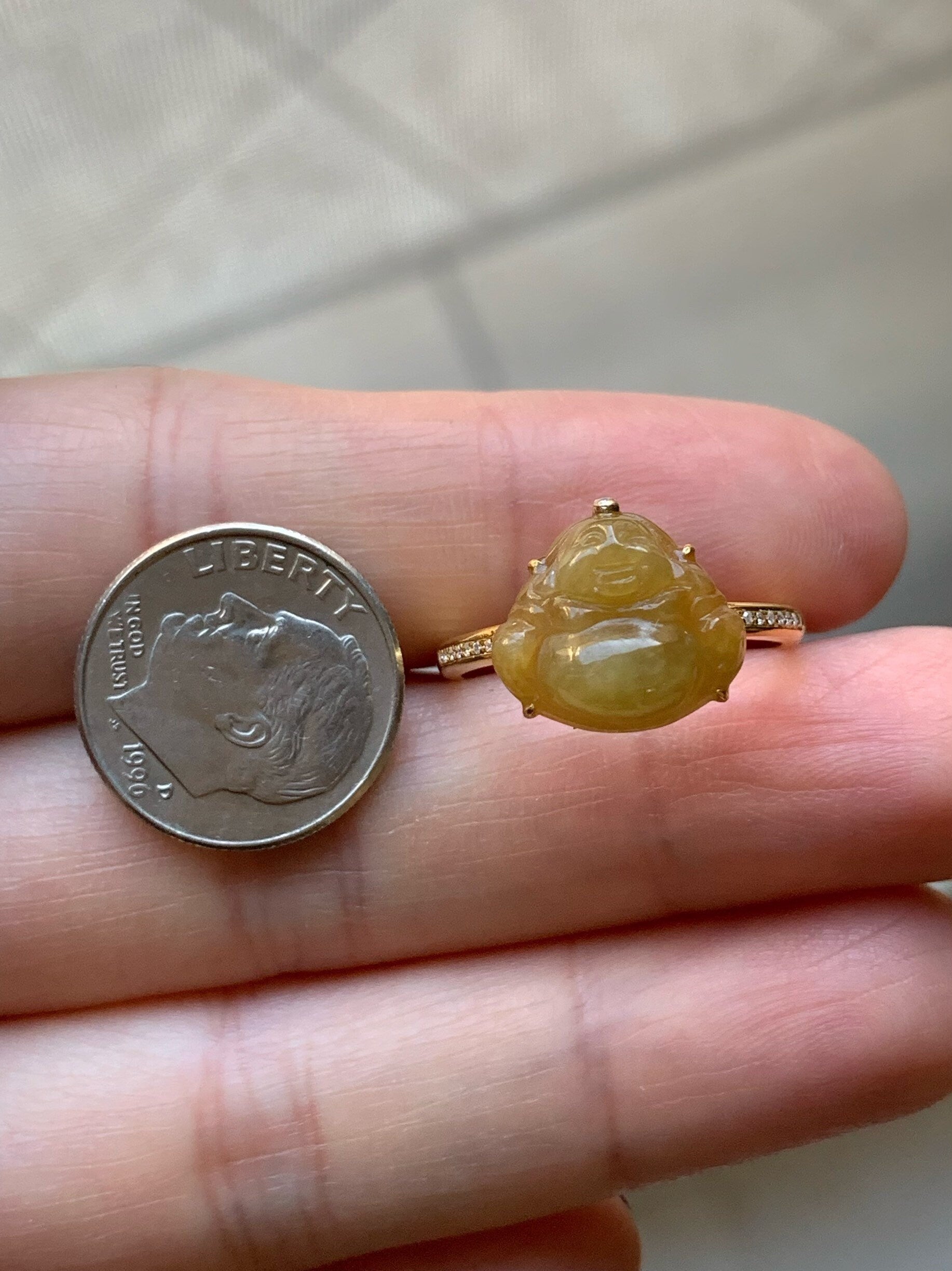 Certified Natural Burmese Translucent Intense Yellow Jadeite Buddha and Diamond Ring 18K Yellow Gold Size 7 天然缅甸冰黄翡翠佛公18K钻石镶嵌戒指
