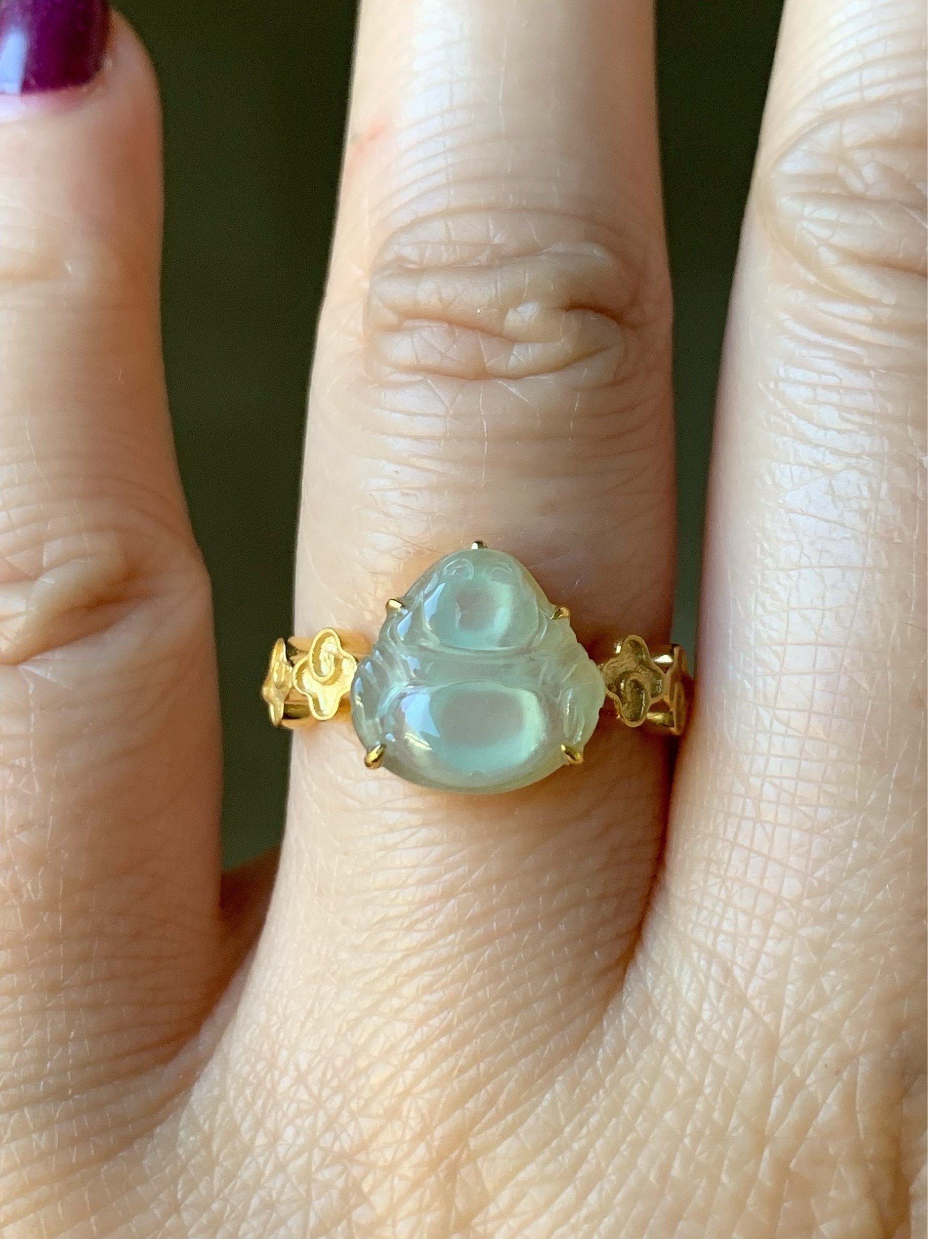 Certified Natural Burmese Premium Translucent Light Green Jadeite Buddha Ring 18K Yellow Gold Size 7 天然缅甸高冰起光晴底翡翠佛公18K镶嵌戒指
