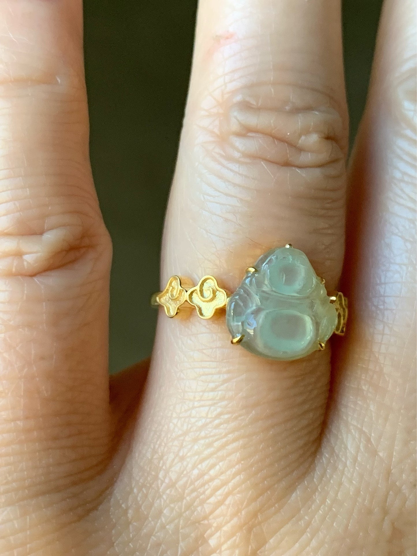 Certified Natural Burmese Premium Translucent Light Green Jadeite Buddha Ring 18K Yellow Gold Size 7 天然缅甸高冰起光晴底翡翠佛公18K镶嵌戒指