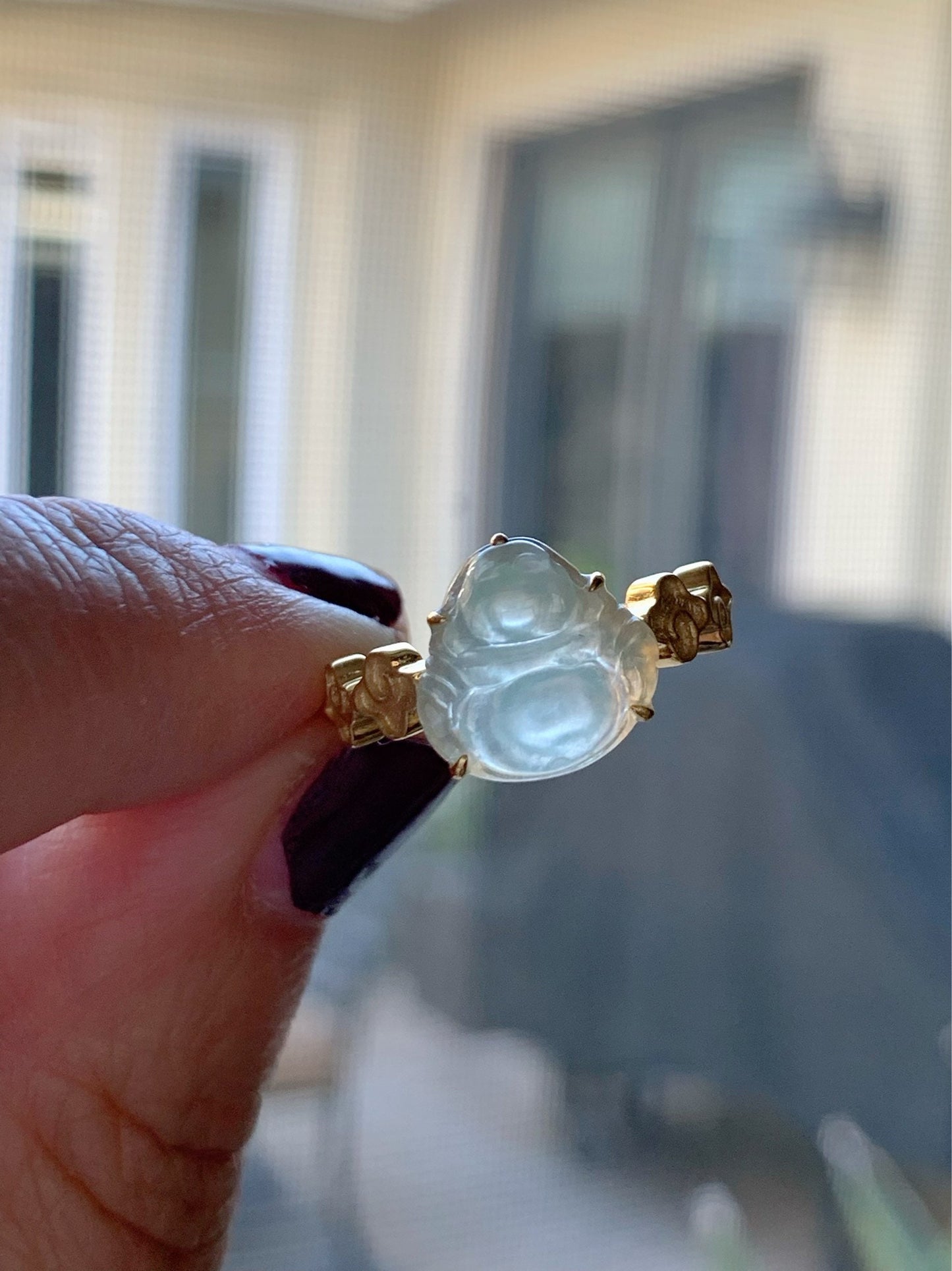 Certified Natural Burmese Premium Translucent Light Green Jadeite Buddha Ring 18K Yellow Gold Size 7 天然缅甸高冰起光晴底翡翠佛公18K镶嵌戒指