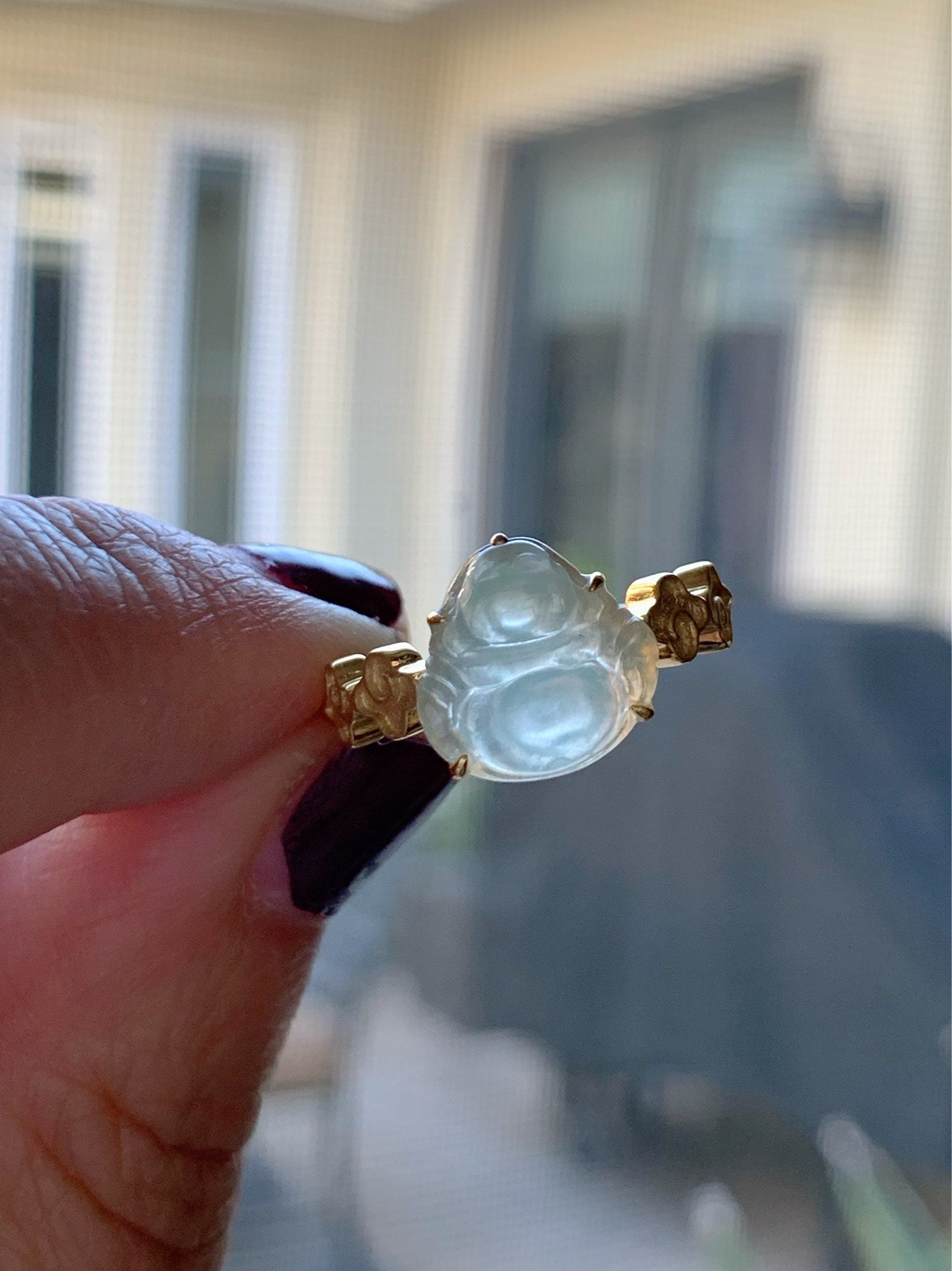 Certified Natural Burmese Premium Translucent Light Green Jadeite Buddha Ring 18K Yellow Gold Size 7 天然缅甸高冰起光晴底翡翠佛公18K镶嵌戒指