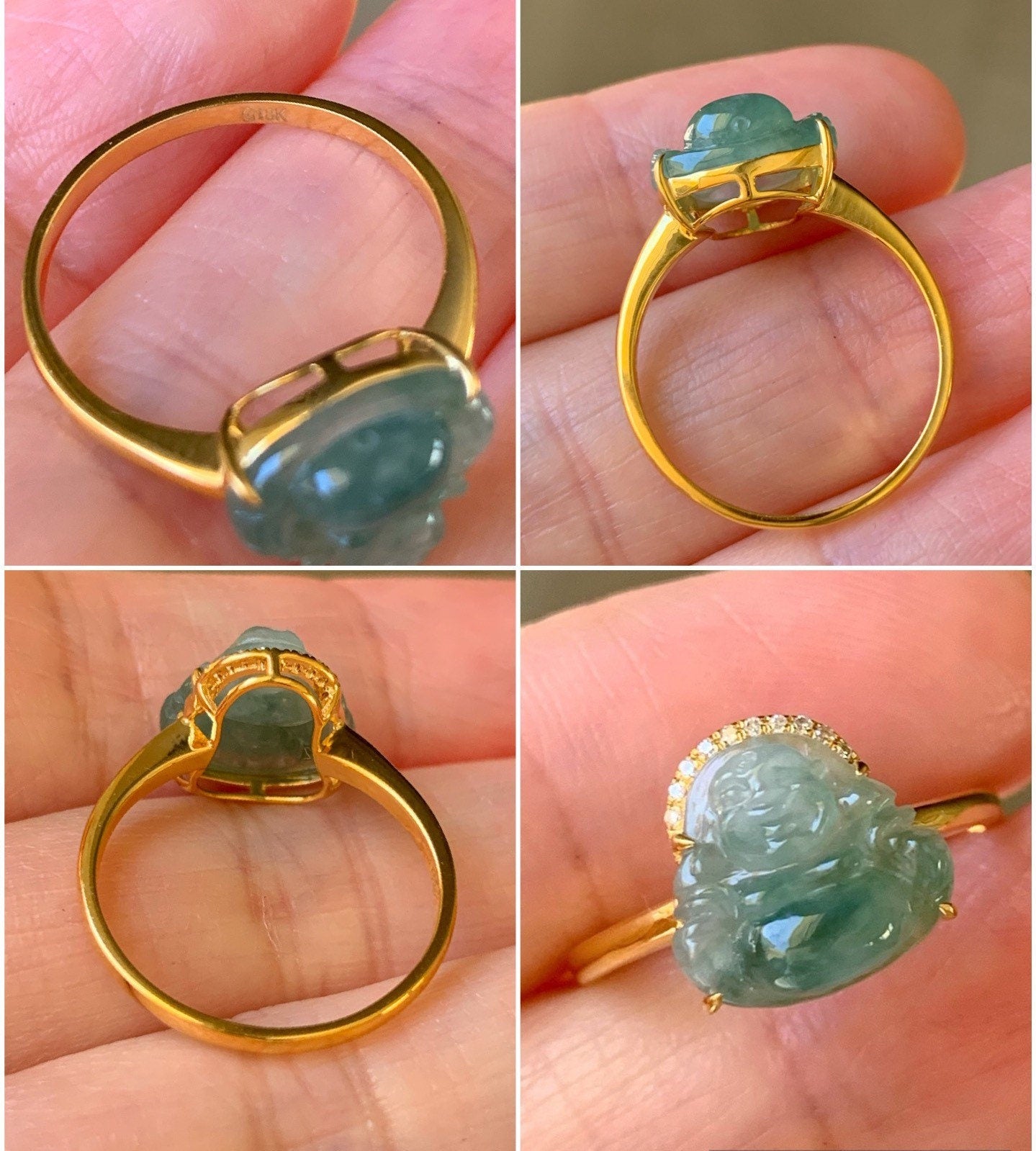 Certified Natural Burmese Translucent light Green w/ Dark Green Marbled Jadeite Buddha & Diamond Ring 18K Yellow Gold Size 7 天然缅甸飘绿花翡翠佛公钻石戒指