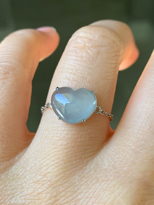 Certified Natural Burmese Premium Sky Blue Jadeite Heart Ring with adjustable Chain up to size 7.5 18K White Gold 天然缅甸正冰起光天空蓝翡翠爱心镶嵌戒指